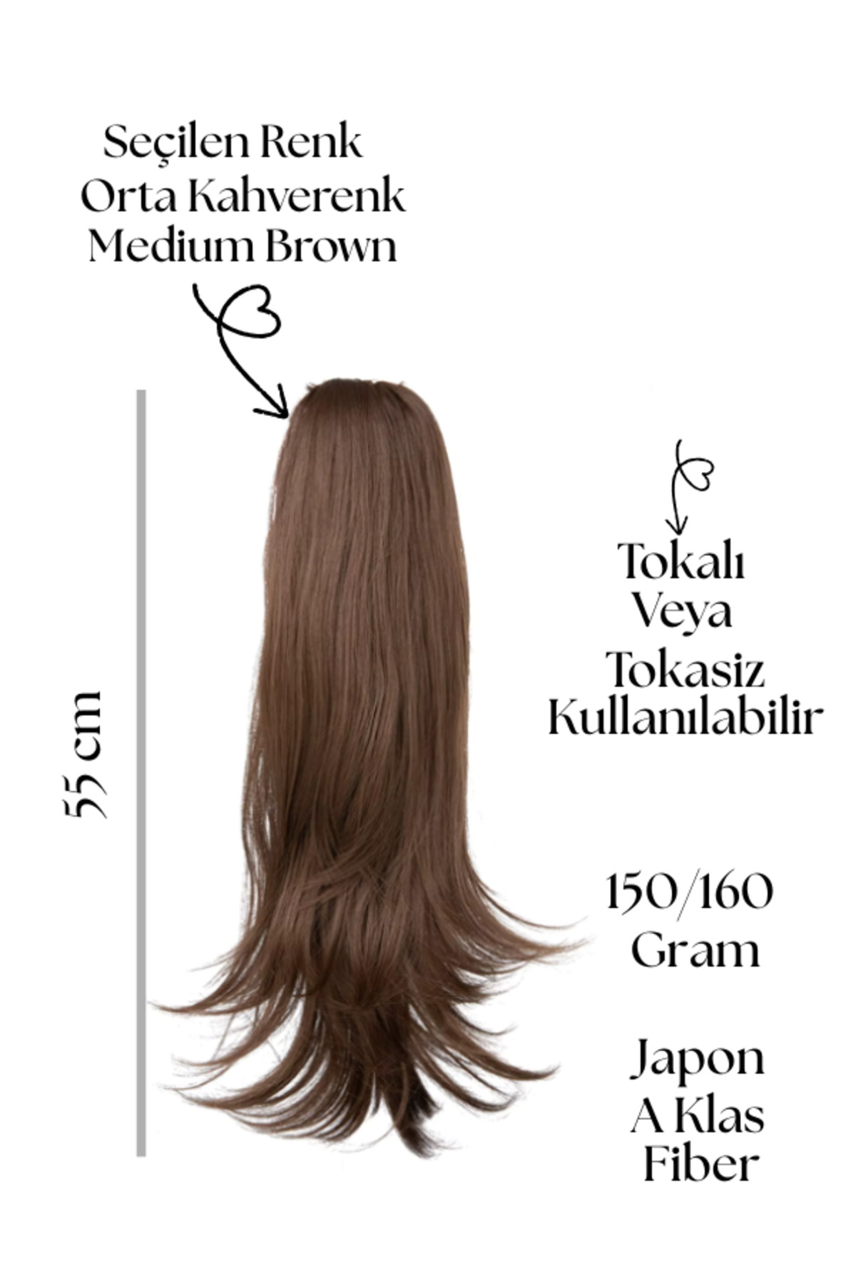 YARAT Medium Kahverenk Hafif Dalgalı Tokalı Veya Tokasız At Kuyruğu Peruk 56 Cm 150/160 Gram görsel 2