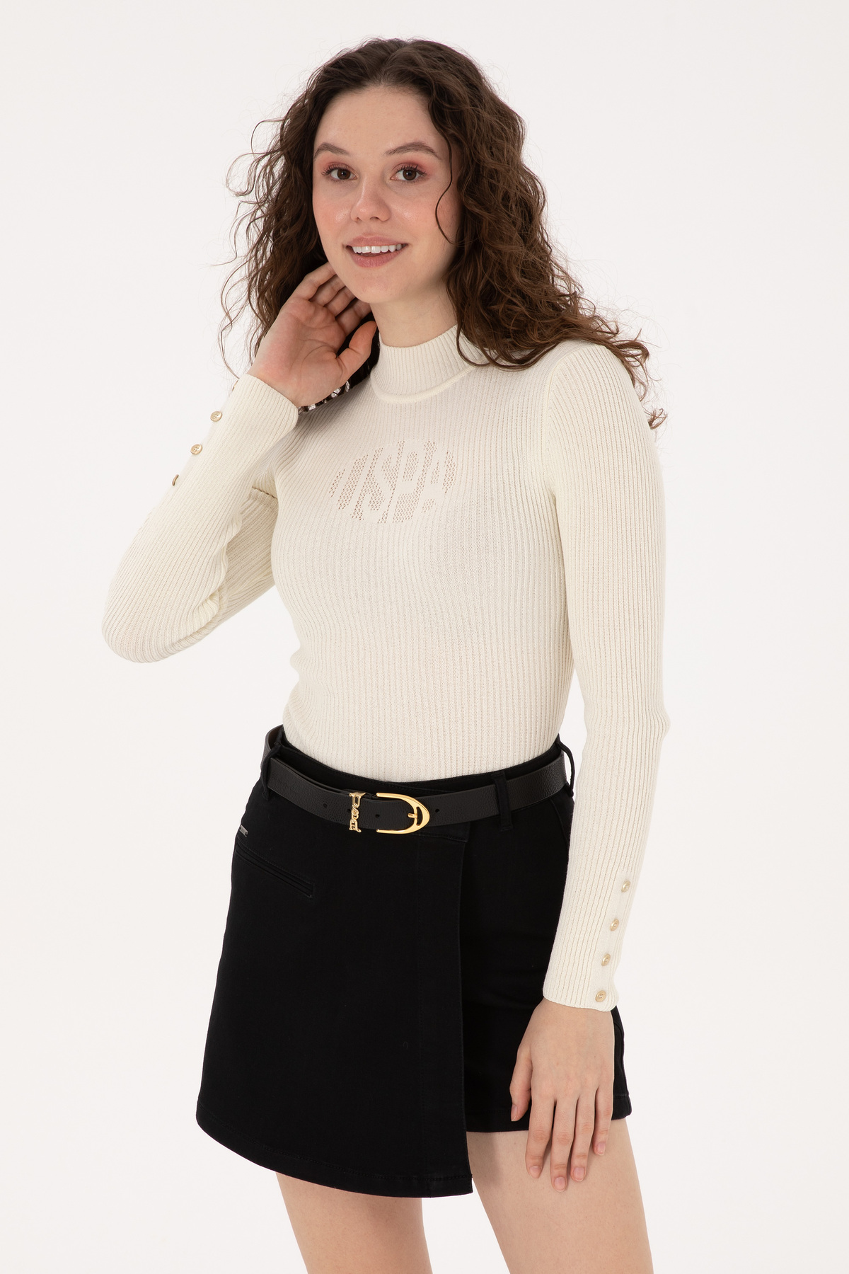 ژاکت بافتنی زنانه یقه اسکی کرم رنگ یو اس پولو کد :(50310051-VR256) U.S. Polo Assn.