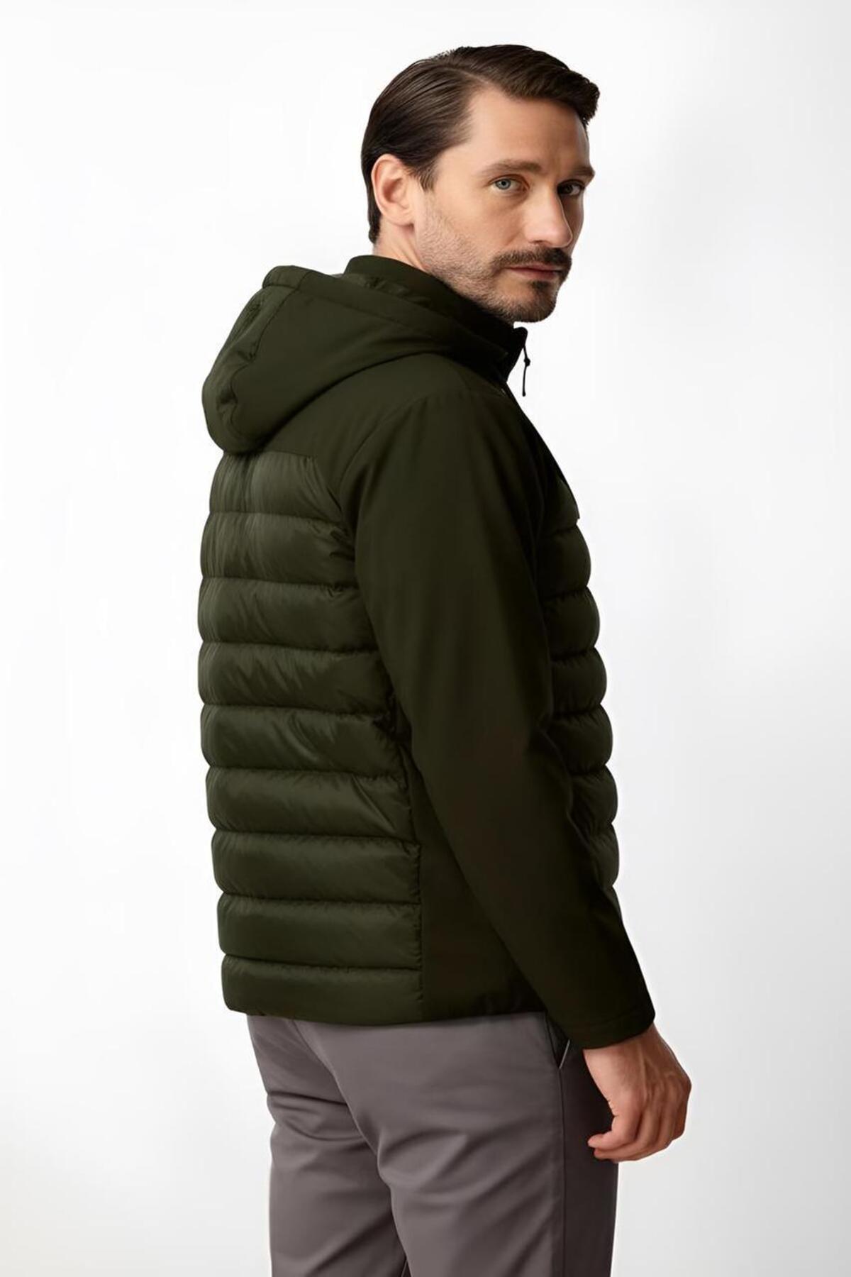 Haki Standart Fit Kapüşonlu Kapitone Gövdeli Fermuarlı Hibrit Erkek Mont — خاکی 2194100100STD — تصویر 3 از 4
