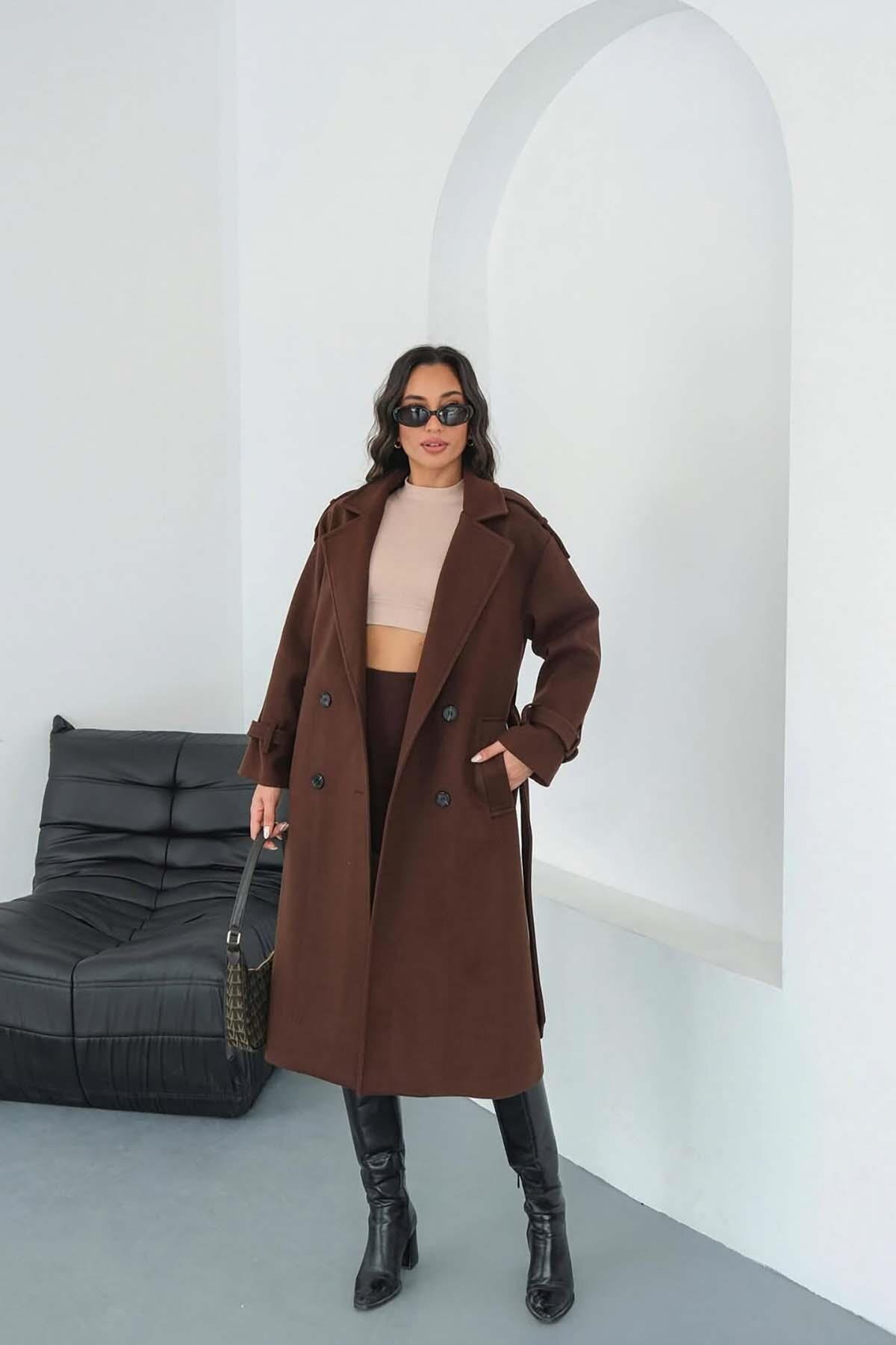 My Loore  Kadın Kahverengi Bağlama Detaylı Astarlı Kaşe Kaban