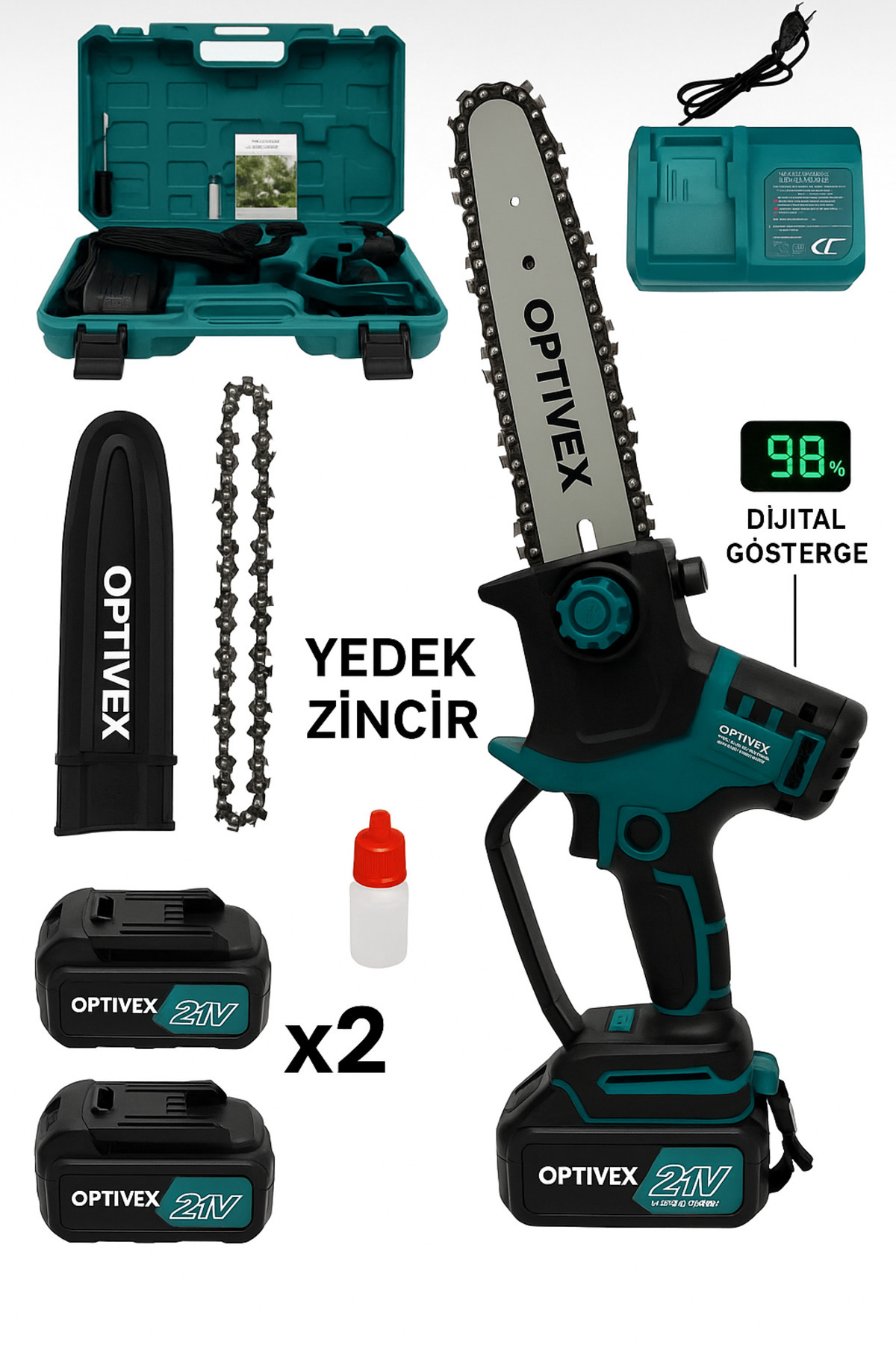 OPTIVEX Dal Budama Testeresi Kömürsüz Otomatik Yağlamalı Dijital Göstergeli 21v 3 Amper