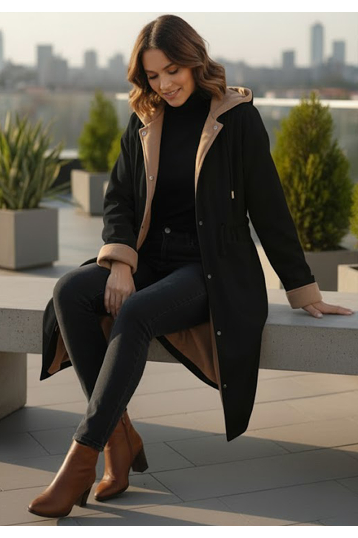 Little Visqon  Kapüşonlu İçi Kaşe Su Geçirmez Mikro Kumaş Midi Boy Mont - Görsel 4