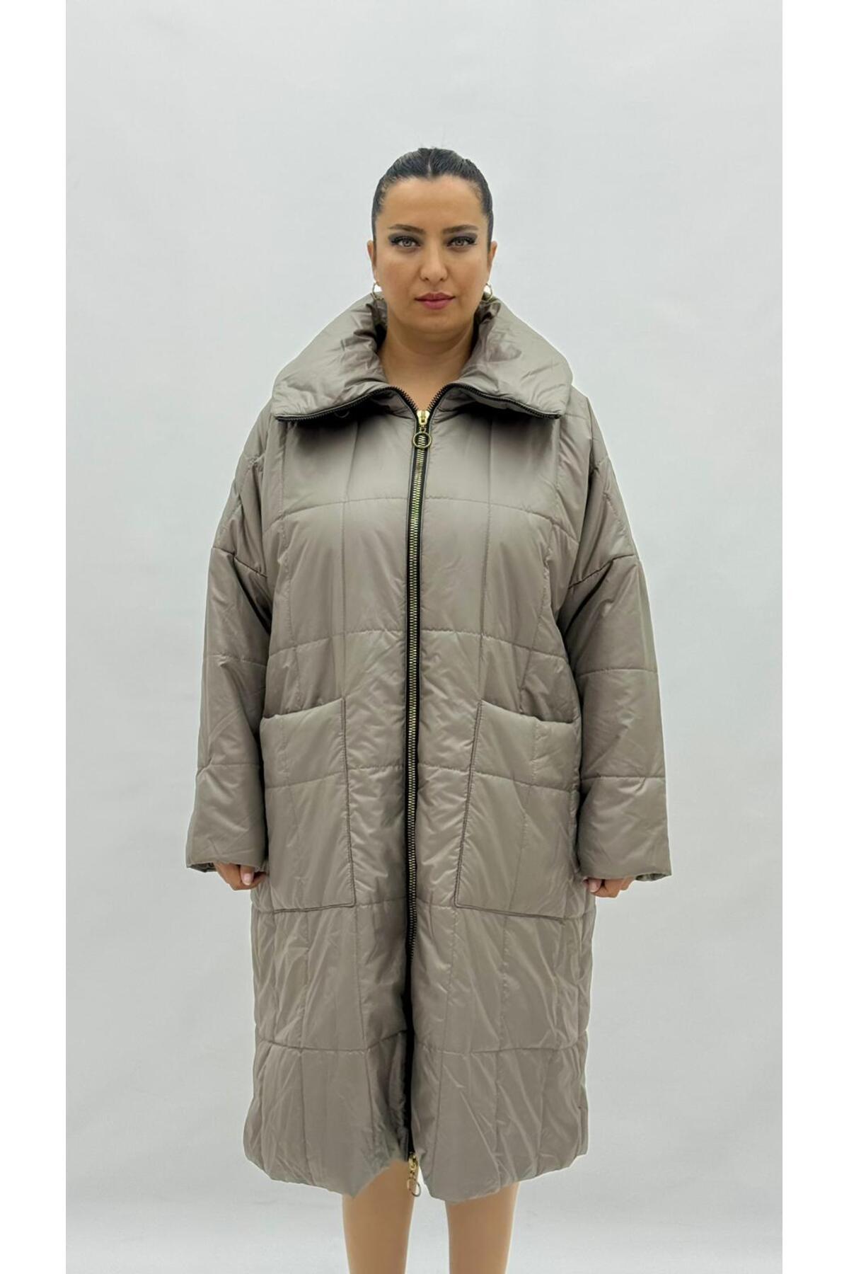 olive Büyük Beden Hakim Yaka Gizli Kapüşonlu Geniş Kalıp Dizaltı Kadın Şişme Kaban