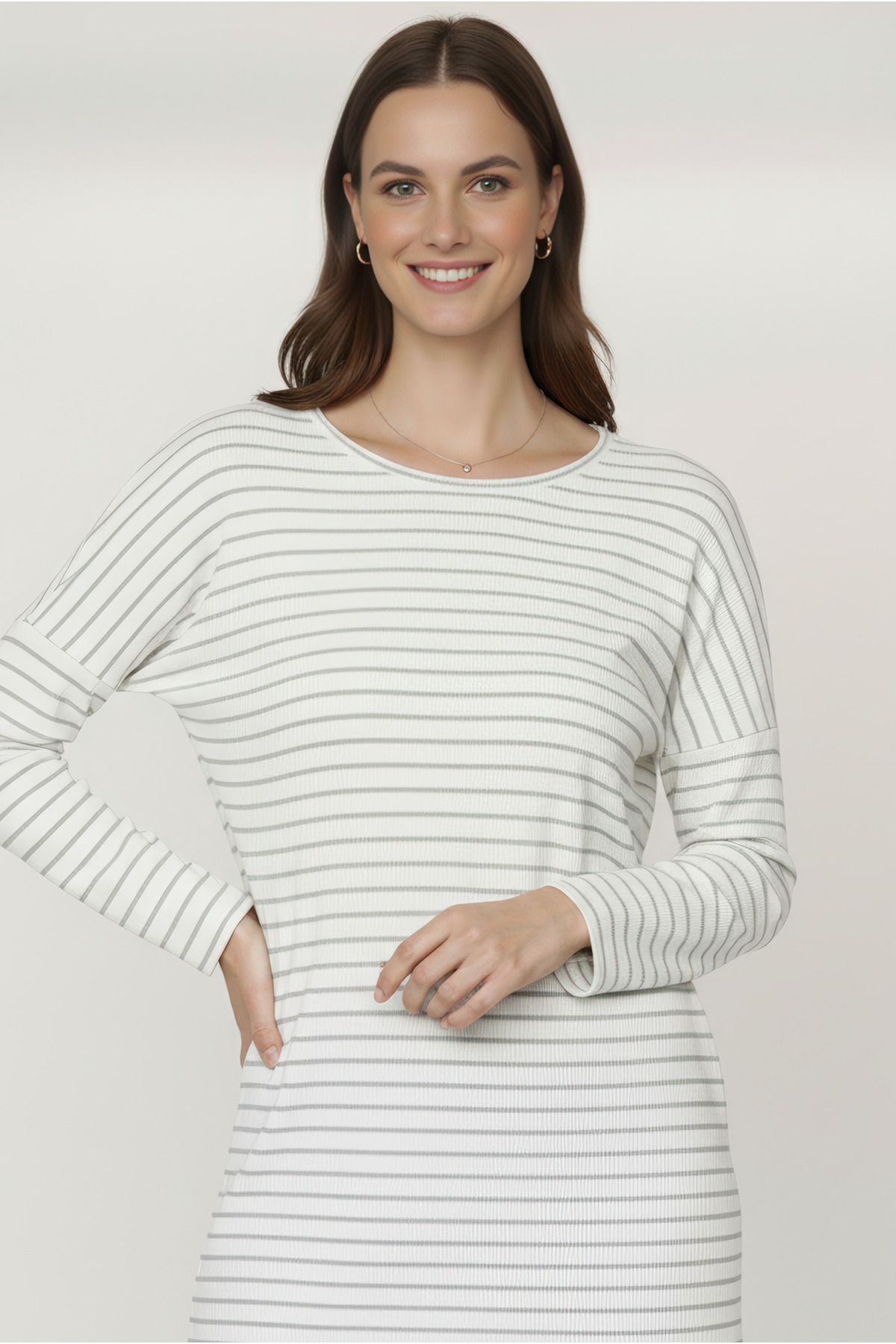 Striped Women's Low Sleeve Blouse - GREY STRIPED