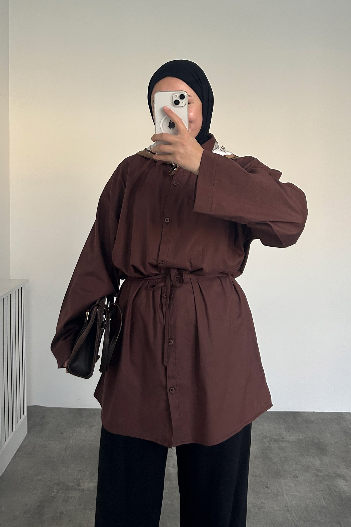 HYWONA Kadın Belden Bağlamalı Pamuklu Pinterest Gömlek Çikolata Kahve