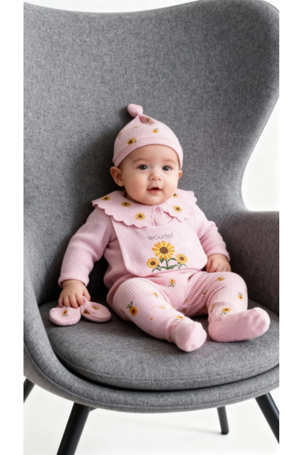 ICEFOX Kız Bebek 5 Parça Set Pamuklu Gofre Kumaş Pembe Ayçiçekli Bebe Yaka Yeni Doğan Hastane Çıkışı fotoğrafı 3 (önizleme)