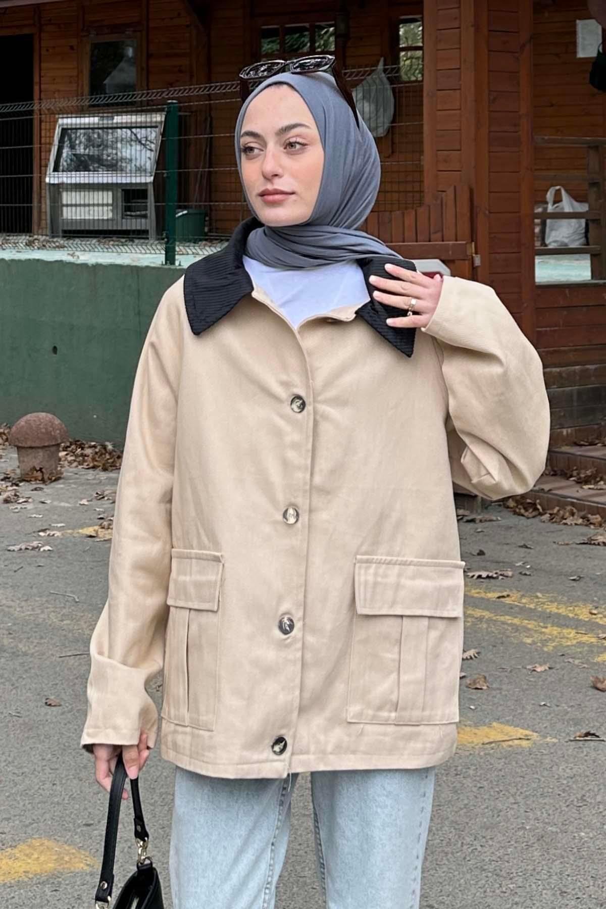 Lamelif  Yaka Detaylı Düğmeli Gabardin Ceket vizonrengi - Görsel 3