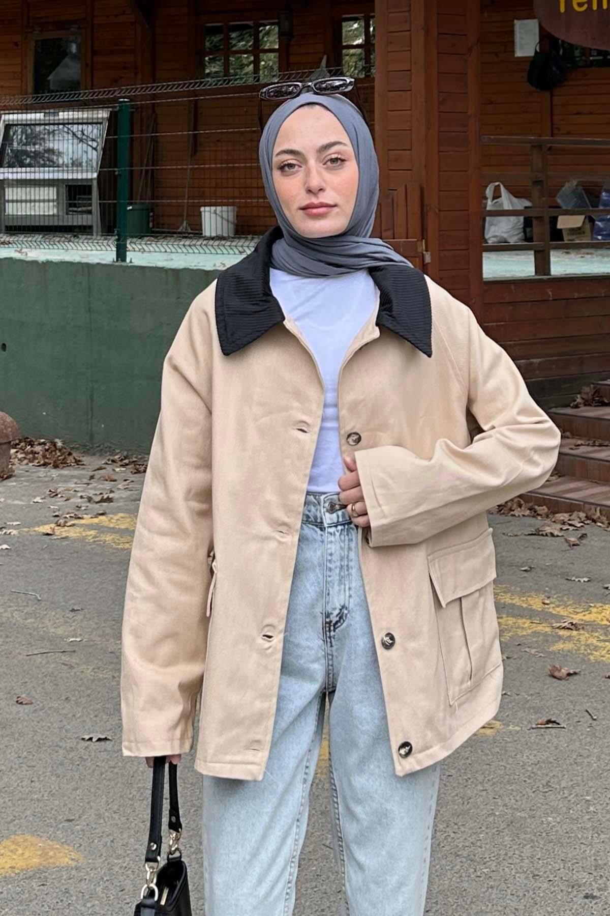 Lamelif  Yaka Detaylı Düğmeli Gabardin Ceket vizonrengi - Görsel 2