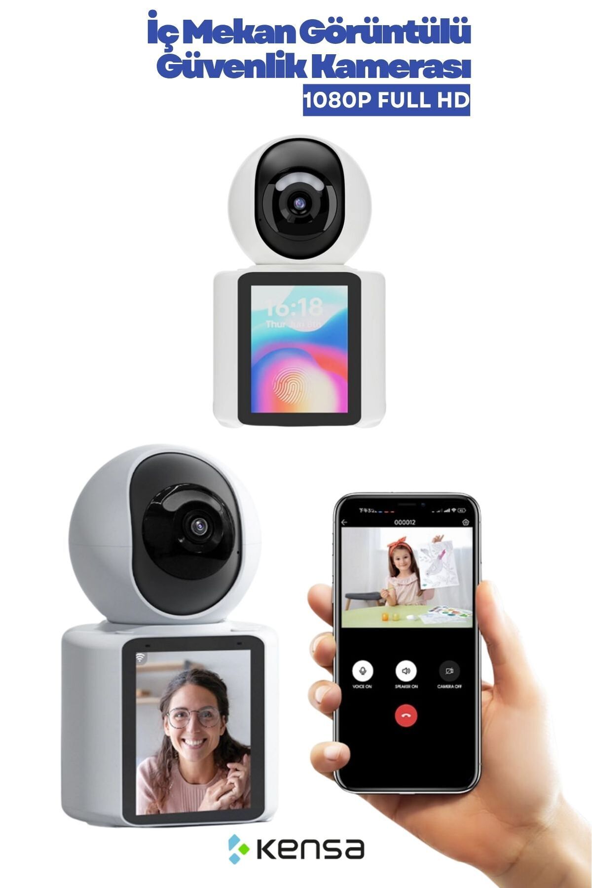 Kensa 1080P Full HD Wi-Fi İç Mekan Güvenlik Kamerası – PTZ, LCD Ekran, İki Yönlü Ses, 128GB Destekli