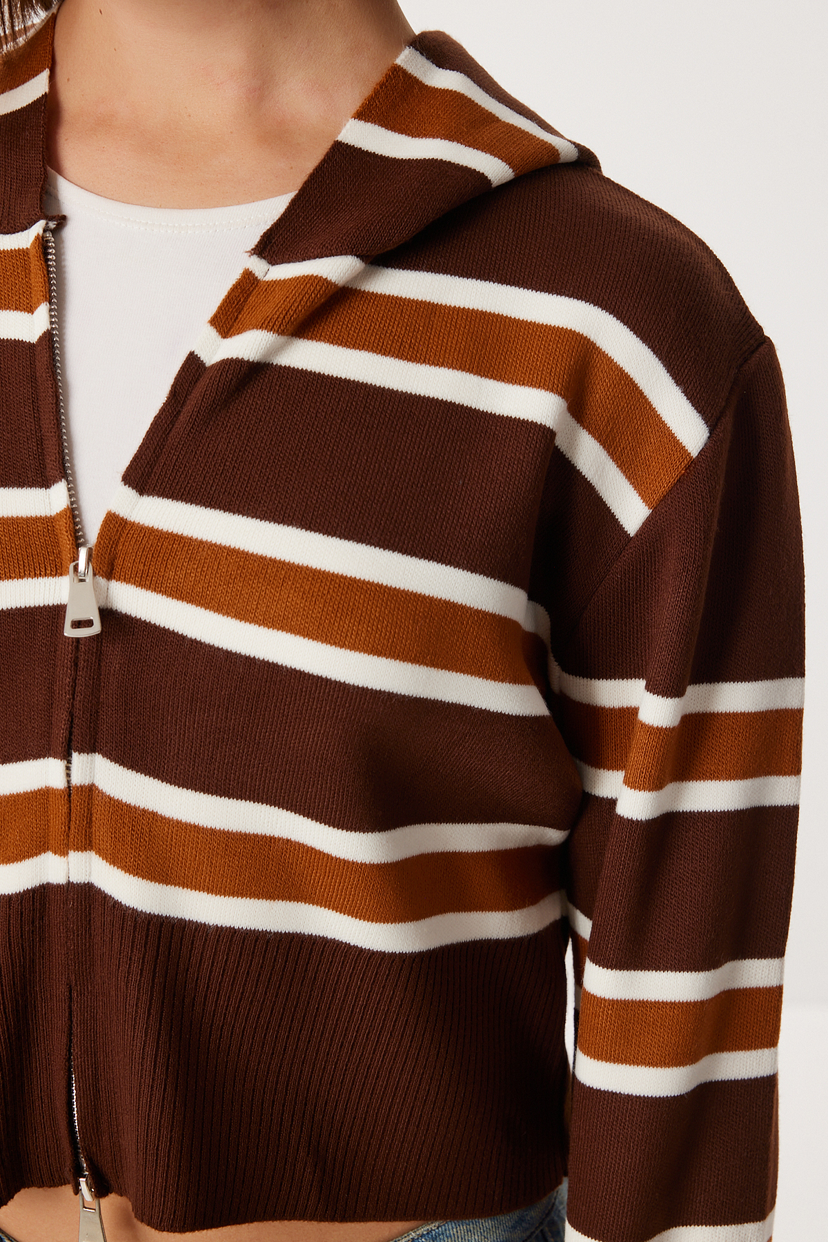 Lovelyİstanbul  Parmak Geçmeli Kapüşonlu Çizgili Triko Hırka LMT0048 KAHVERENGİ - Görsel 3