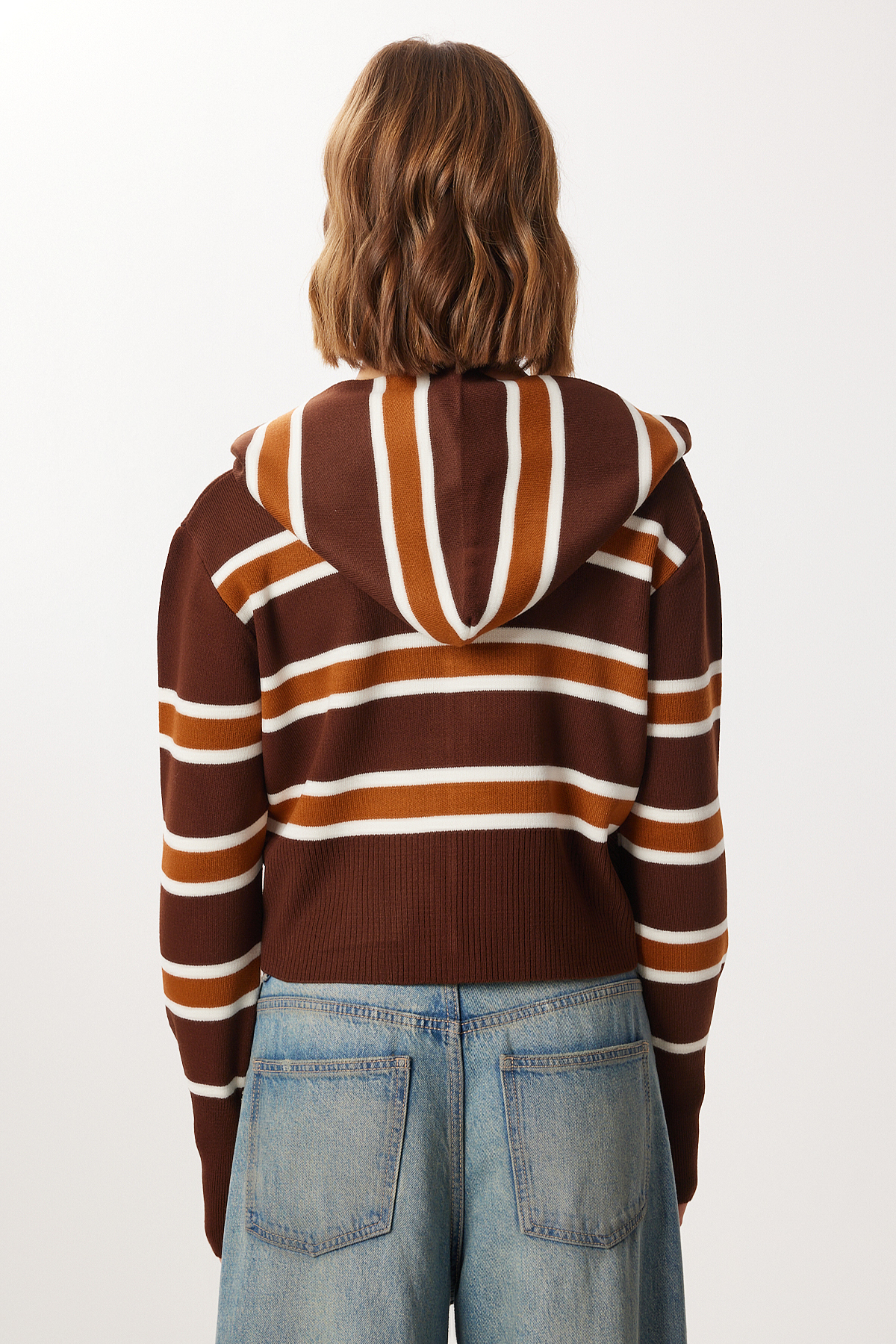 Lovelyİstanbul  Parmak Geçmeli Kapüşonlu Çizgili Triko Hırka LMT0048 KAHVERENGİ - Görsel 5