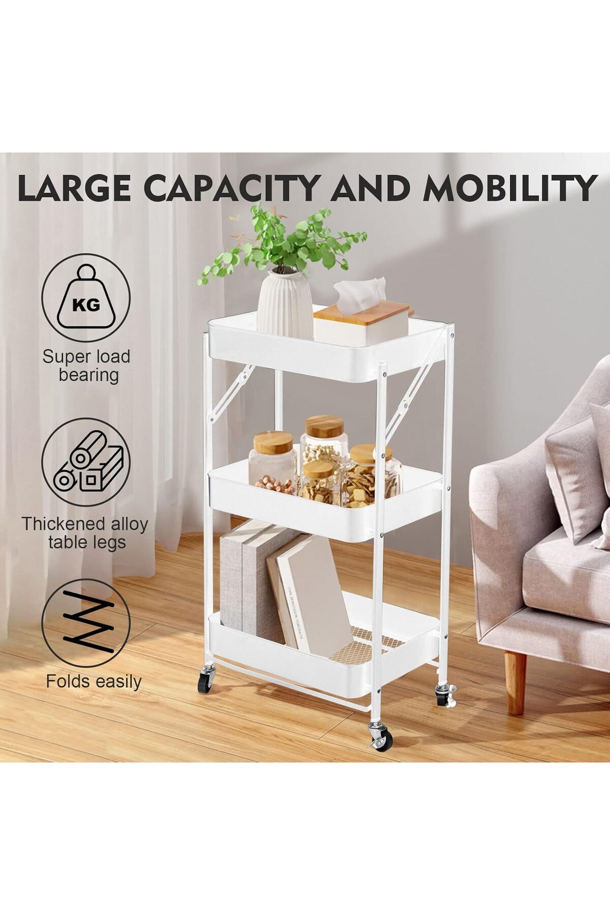 🧺 عربة تخزين ومنظم مطبخ معدنية قابلة للطي بـ3 طبقات,تصميم أنيق ومتعدد الاستخدامات للمطبخ وغرف البيت