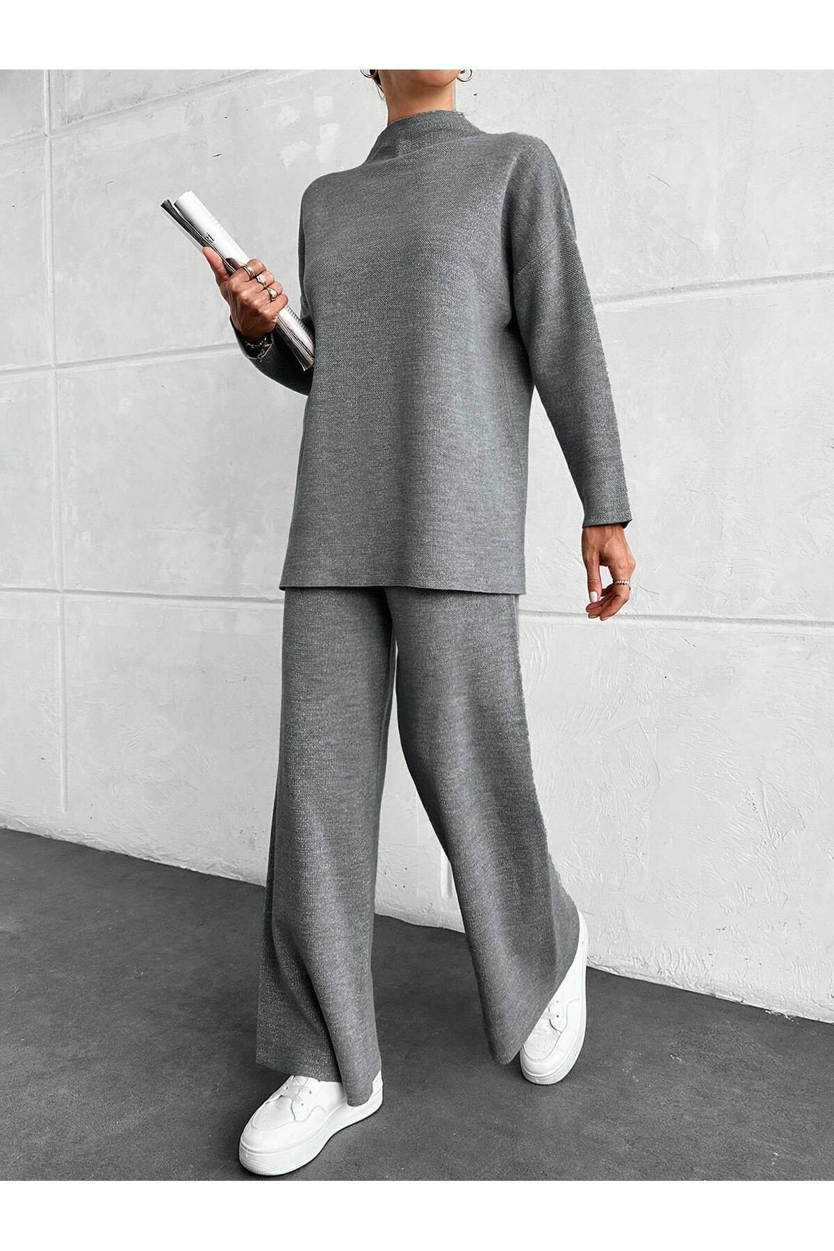 TKM0005 Women's Gray Glitter Half Turtleneck Pique Sweater-Pants Knitwear Set