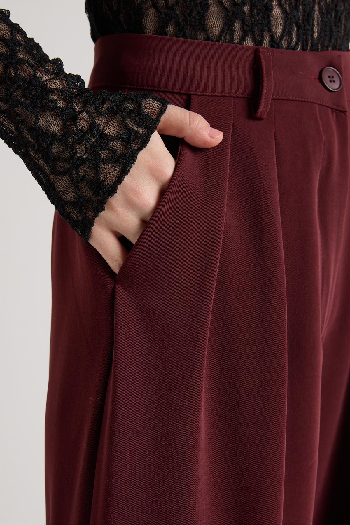 mina aise Kadın Bordo Pileli Palazzo Pantolon 30068 görsel 8
