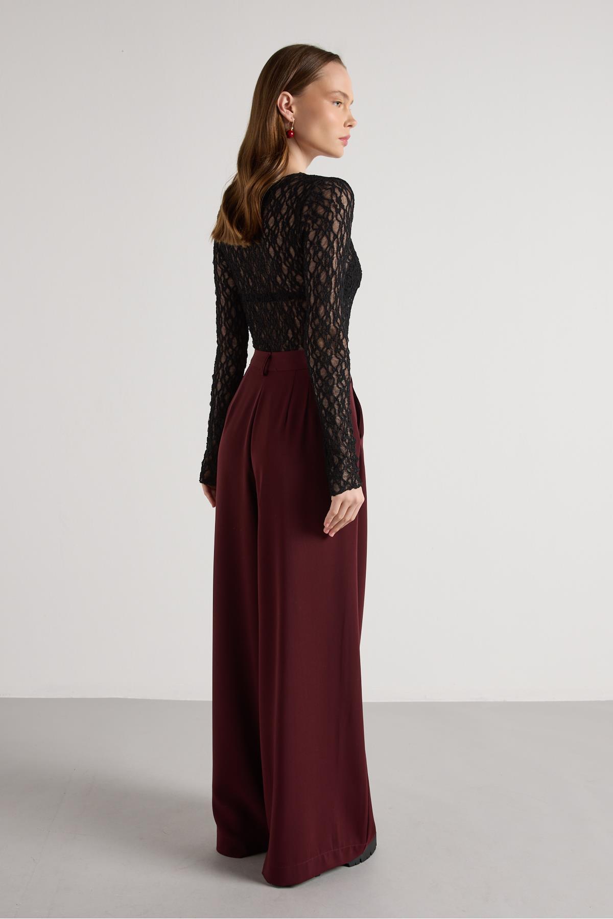 mina aise Kadın Bordo Pileli Palazzo Pantolon 30068 görsel 6