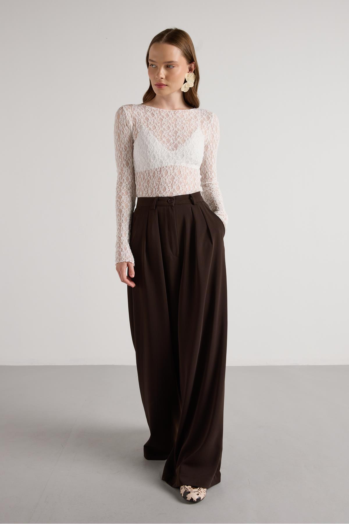 minaaise  Kadın Kahve Pileli Palazzo Pantolon 30068 - Görsel 8