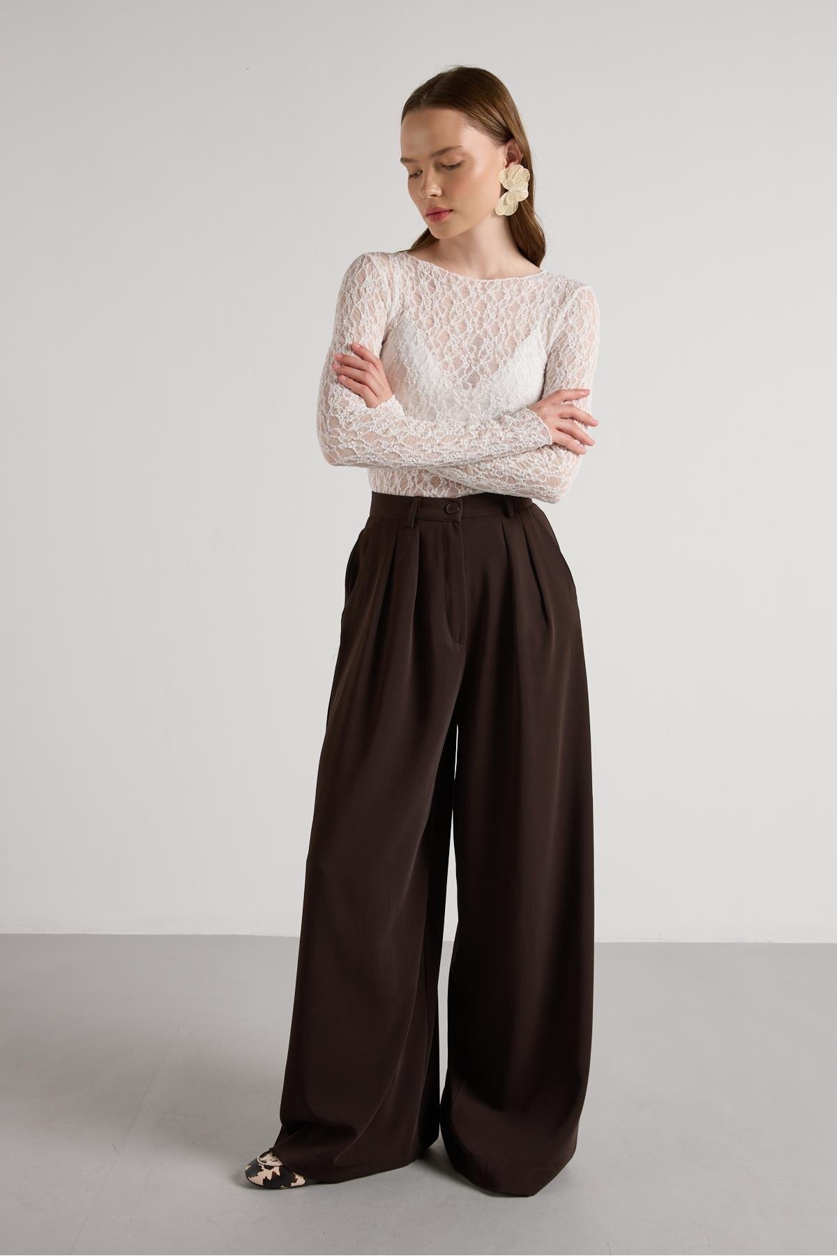 minaaise  Kadın Kahve Pileli Palazzo Pantolon 30068