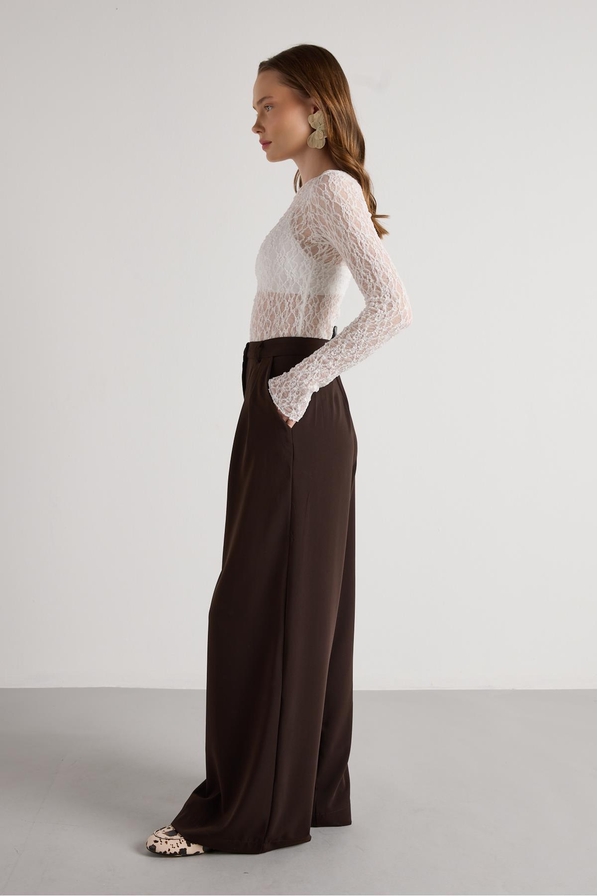 minaaise  Kadın Kahve Pileli Palazzo Pantolon 30068 - Görsel 4