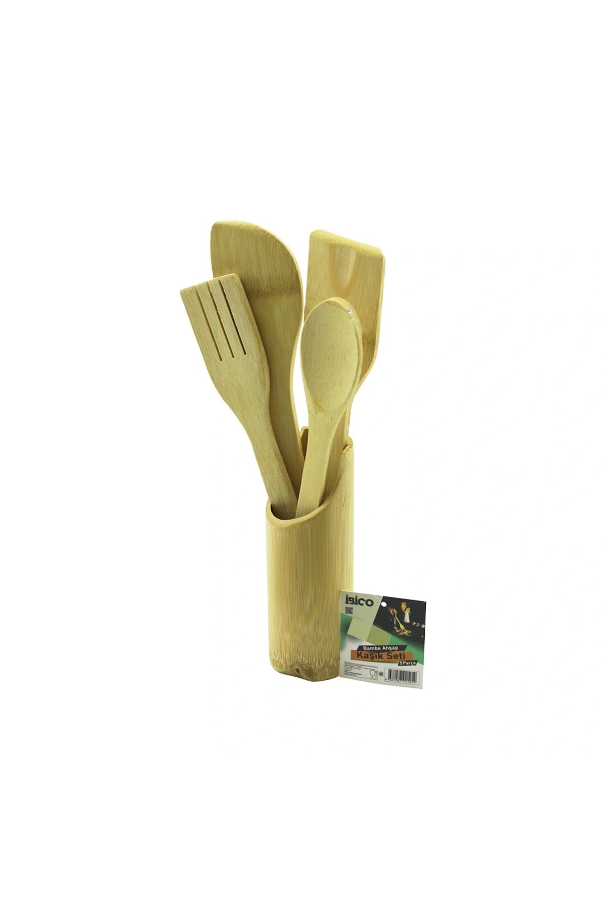 shopwave 5PCS AHŞAP BAMBU MUTFAK SETİ STAND - KAŞIK - ÇATAL - 2 SPATULA FİLELİ (5047)