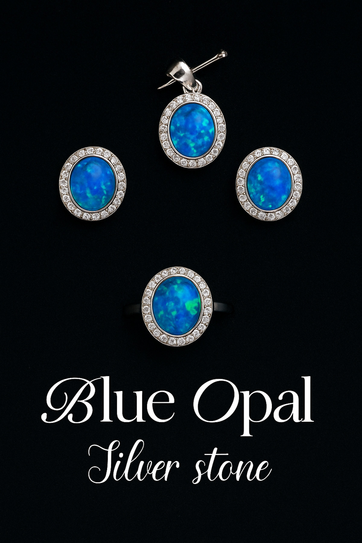 OPAL Blue Taşlı 925 Ayar Gümüş Takı Seti (Kolye, Küpe, Yüzük)