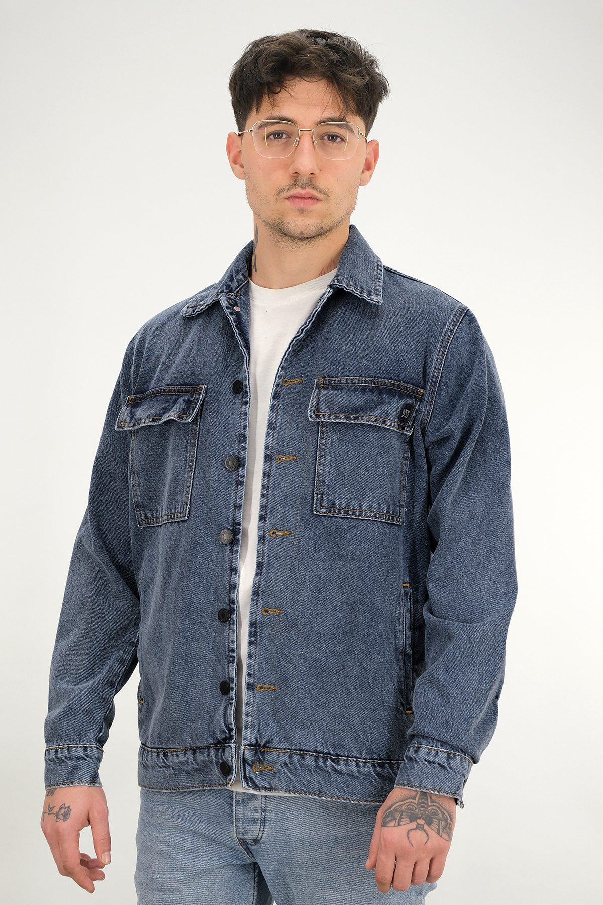 Souris  Erkek Lacivert Yıkamalı Kot Ceket Gömlek Yaka Kapaklı Çift Cep - Görsel 4