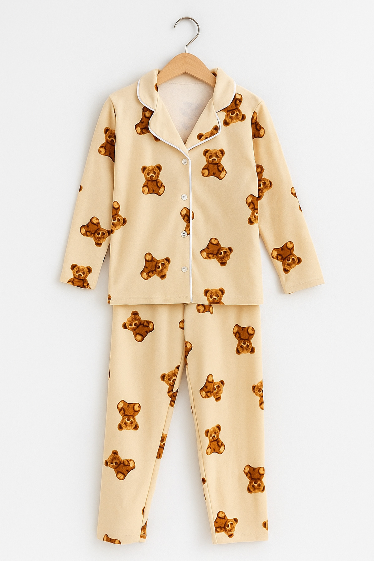 Beka Kids Ayıcık Desenli Uzun Kollu Önden Düğmeli Gömlek Yaka Kız Çocuk Pijama Takımı %100 Pamuklu fotoğrafı 2 (önizleme)