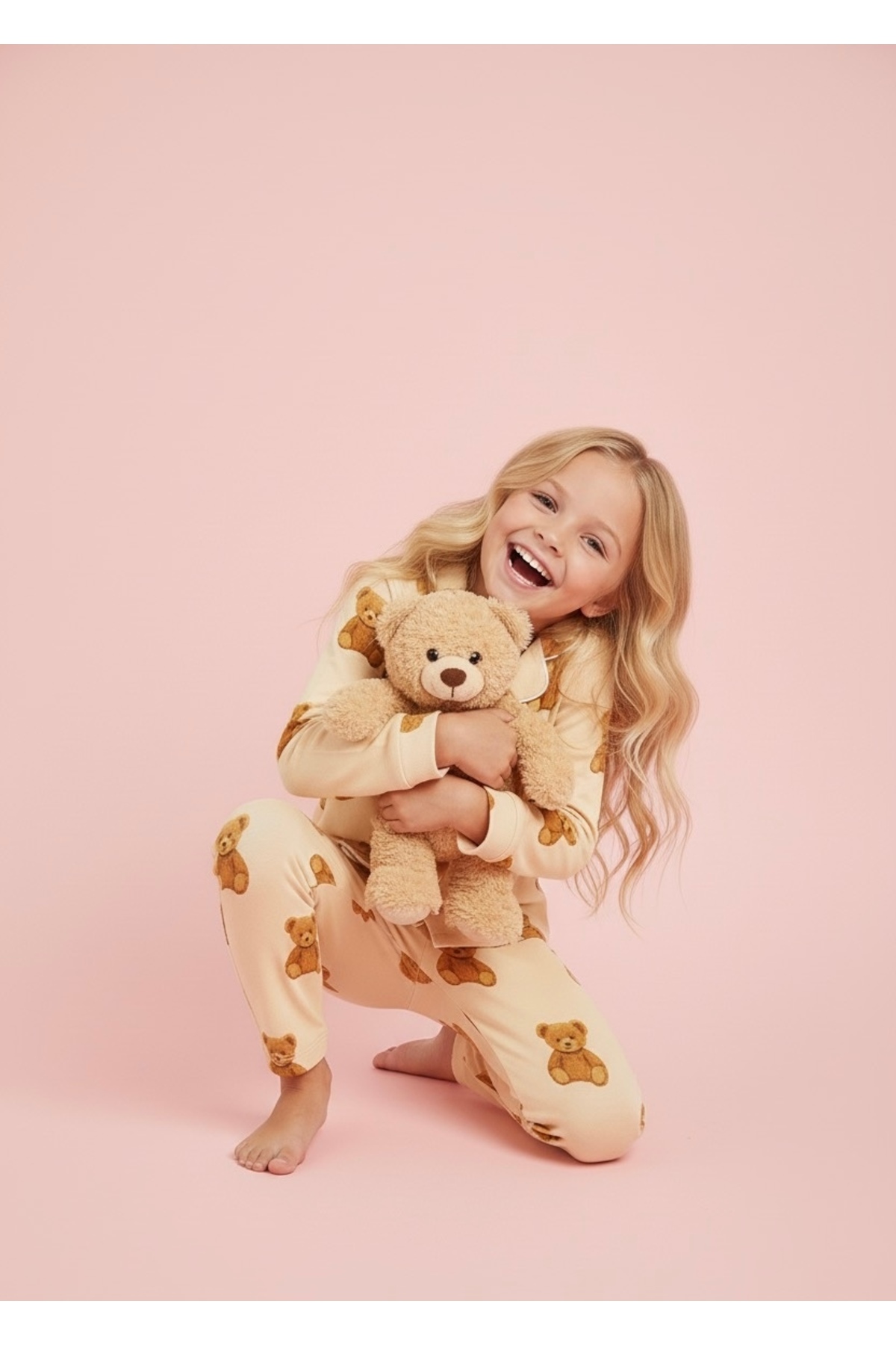 Beka Kids Ayıcık Desenli Uzun Kollu Önden Düğmeli Gömlek Yaka Kız Çocuk Pijama Takımı %100 Pamuklu fotoğrafı 4 (önizleme)