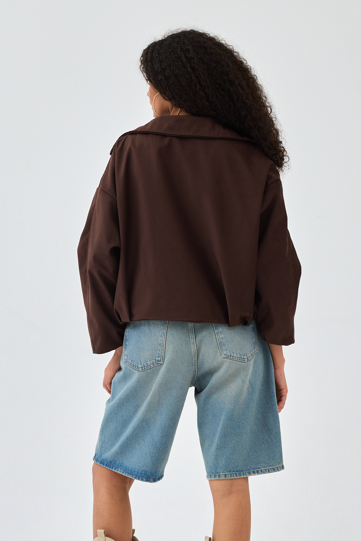 NET OF NOT  Kemerli Oversize Kadın Bomber Acı Kahve Süet Deri Ceket - Görsel 8