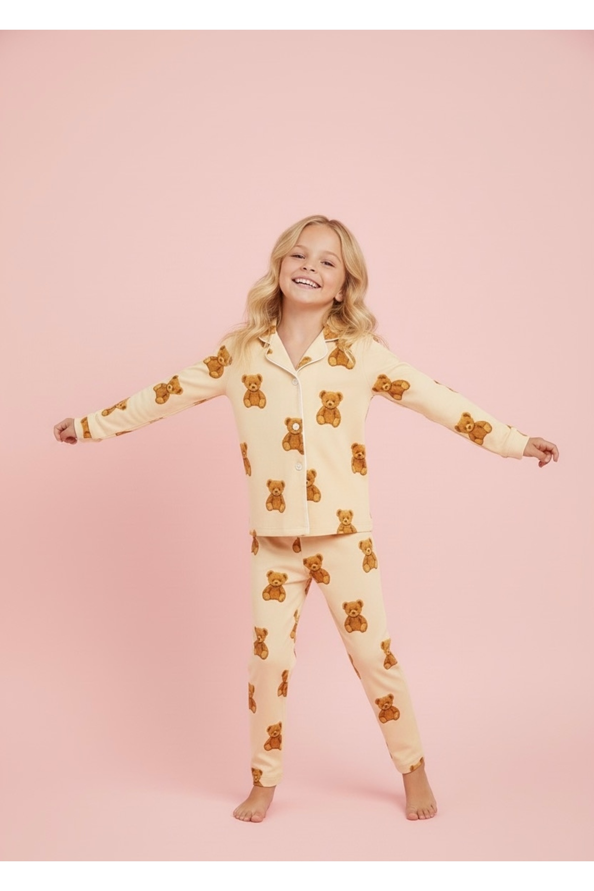 Beka Kids Ayıcık Desenli Uzun Kollu Önden Düğmeli Gömlek Yaka Kız Çocuk Pijama Takımı %100 Pamuklu fotoğrafı 5 (önizleme)