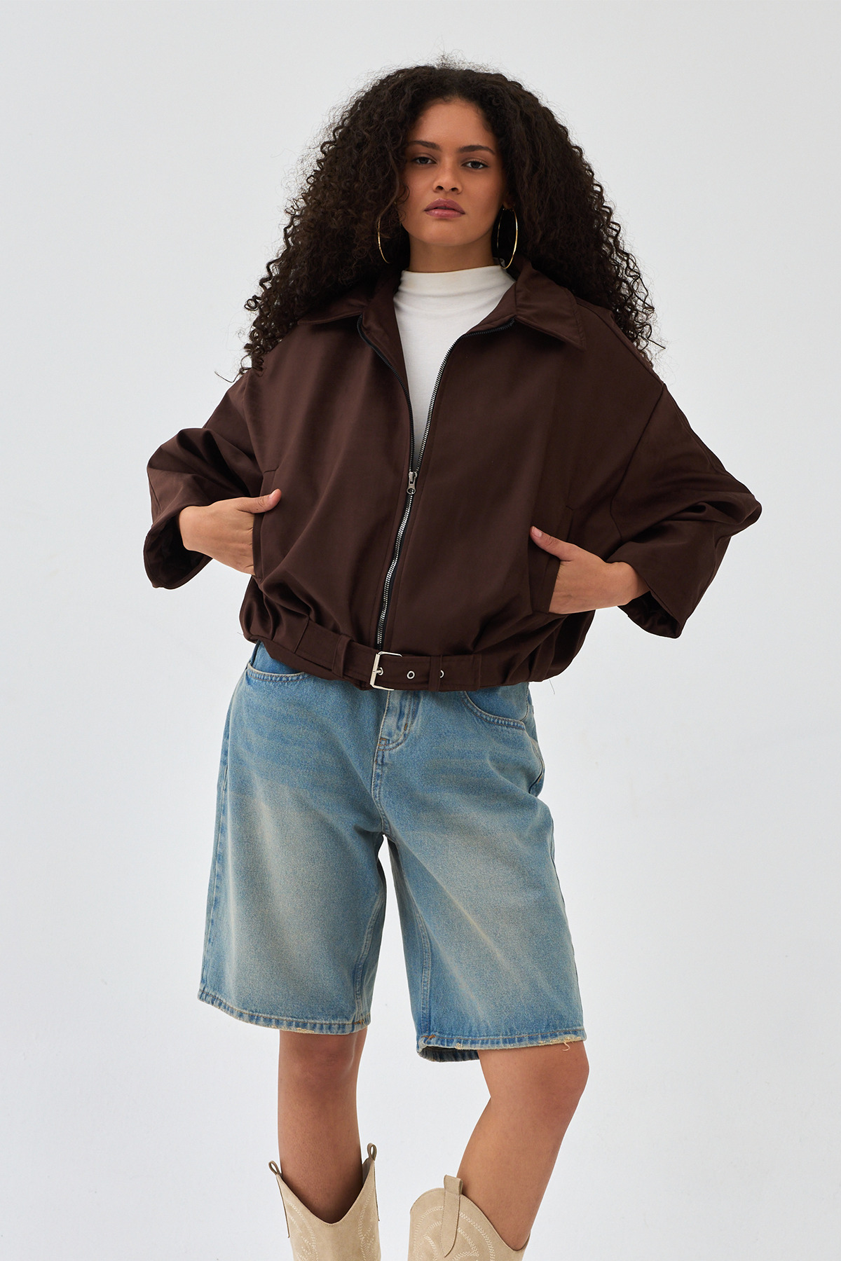 NET OF NOT  Kemerli Oversize Kadın Bomber Acı Kahve Süet Deri Ceket - Görsel 7