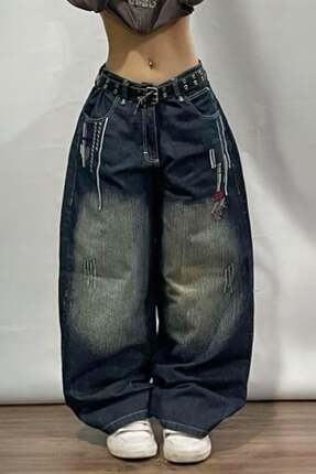 ARS Butik D2T Nakış Detay Lacivert Yıkamalı Baggy Pantolon