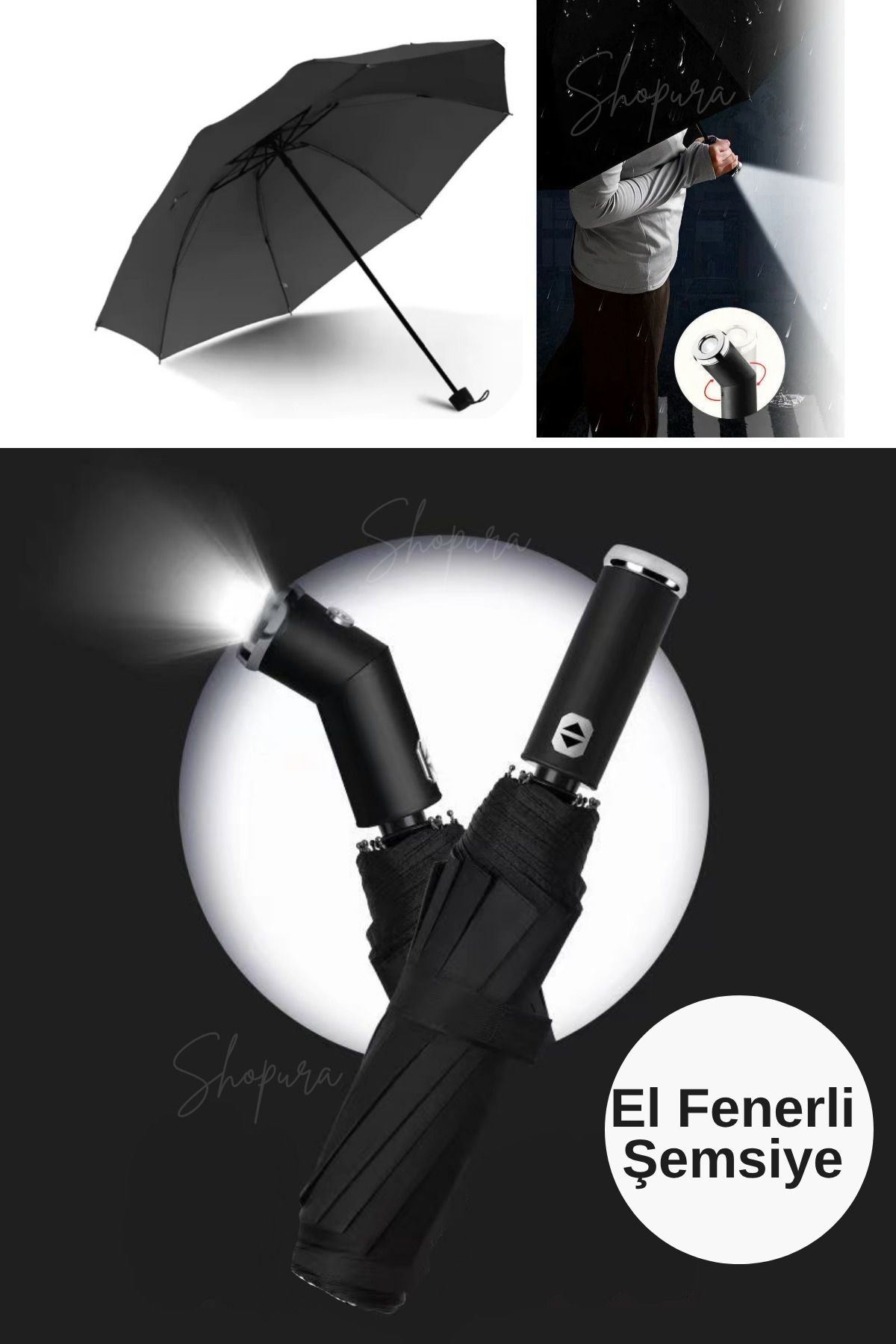 Shopura Premium Kaliteli Fenerli Şemsiye - Orjinal Fonksiyonel Işıklı Şemsiye - Dayanıklı Siyah Şemsiye