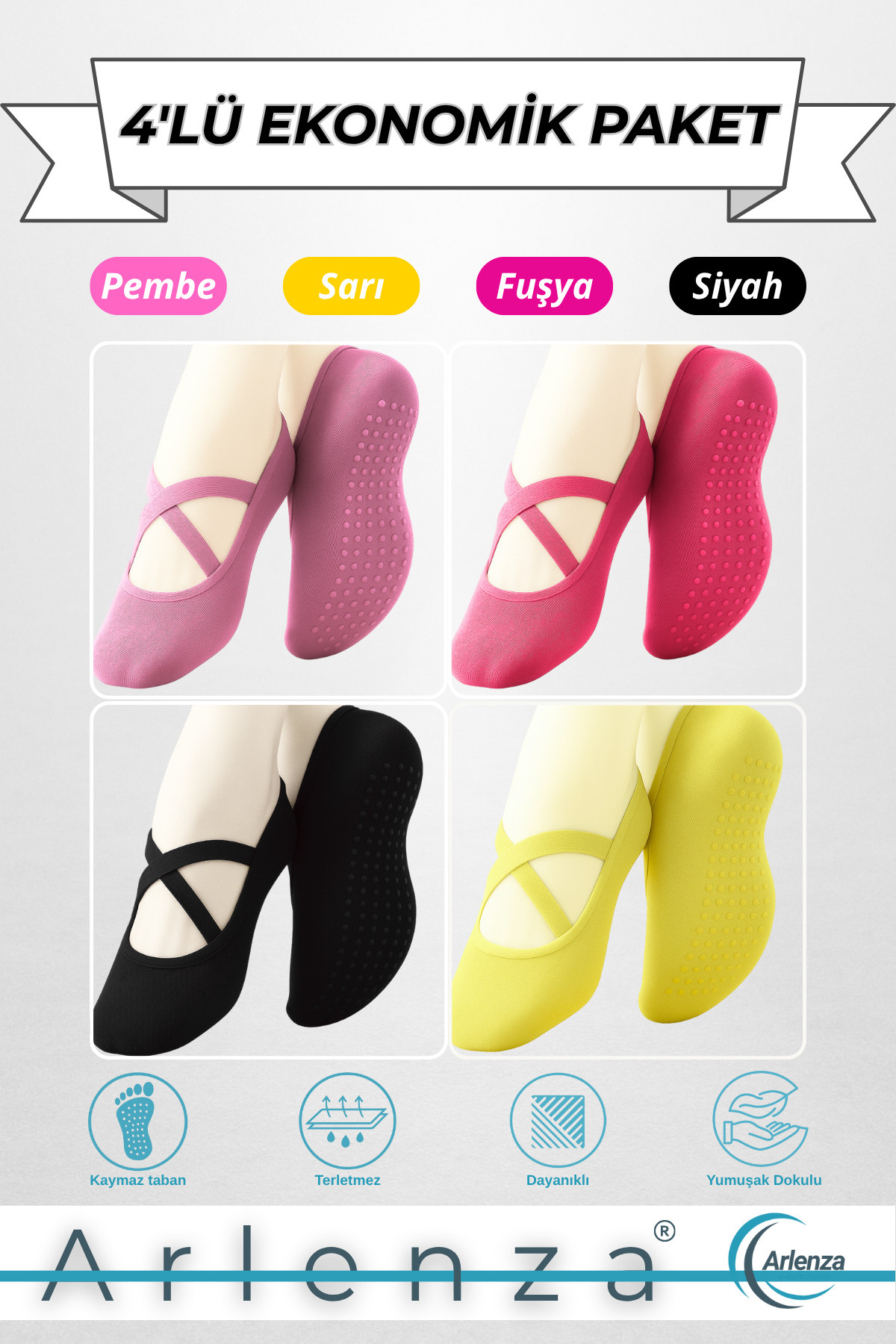Arlenza 4 Adet Karışık Renkli Kadın Babet Çorap ◆ Pamuklu Kaymaz Silikon Taban ◆ Yoga Pilates Tavaf Dans