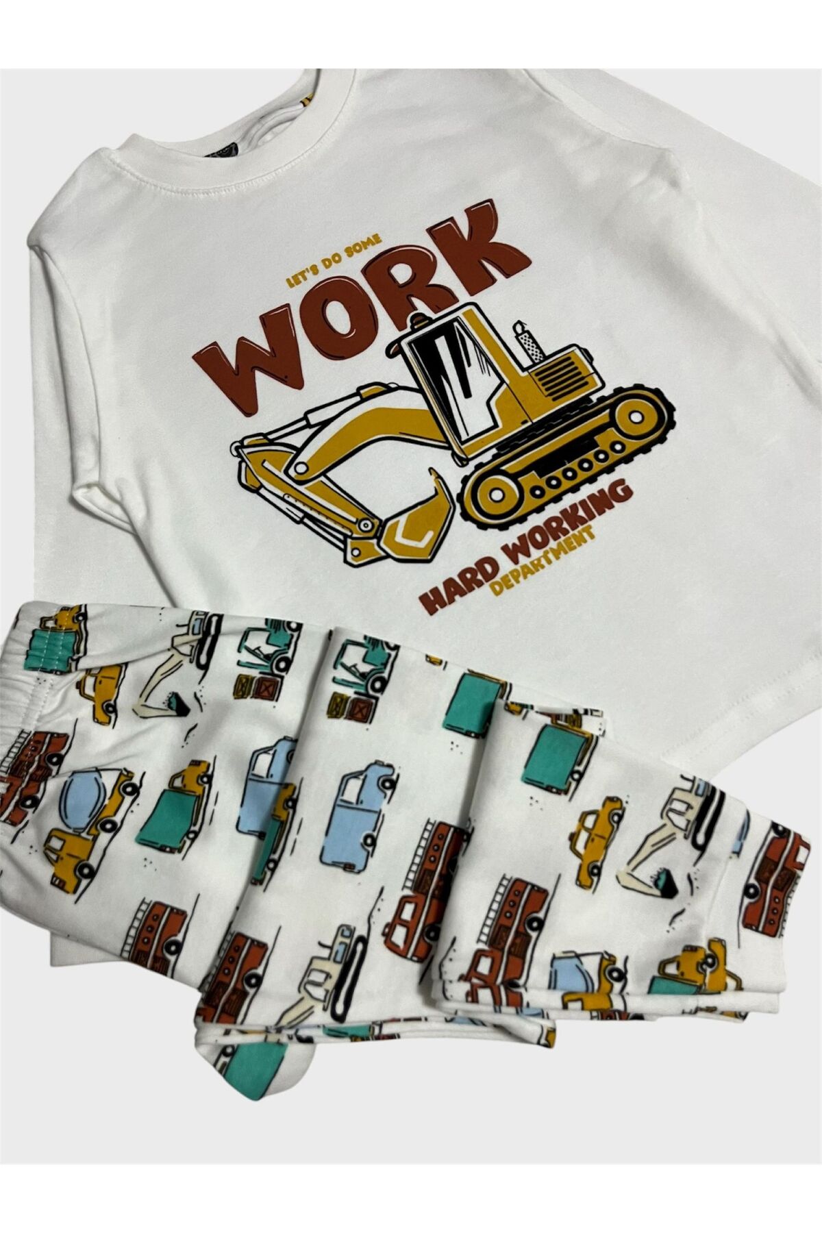 Genel Markalar Erkek Çocuk %100 Pamuklu Beyaz İş Makinesi Araba Kamyon Desenli Uzun Kollu Pijama Takımı fotoğrafı 2 (önizleme)