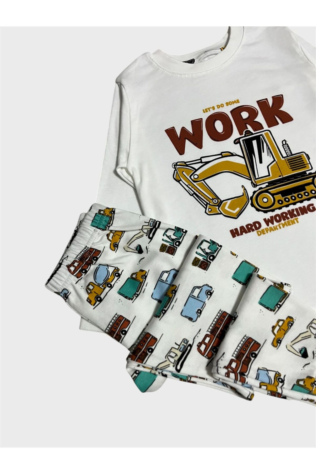 Genel Markalar Erkek Çocuk %100 Pamuklu Beyaz İş Makinesi Araba Kamyon Desenli Uzun Kollu Pijama Takımı fotoğrafı 3 (önizleme)