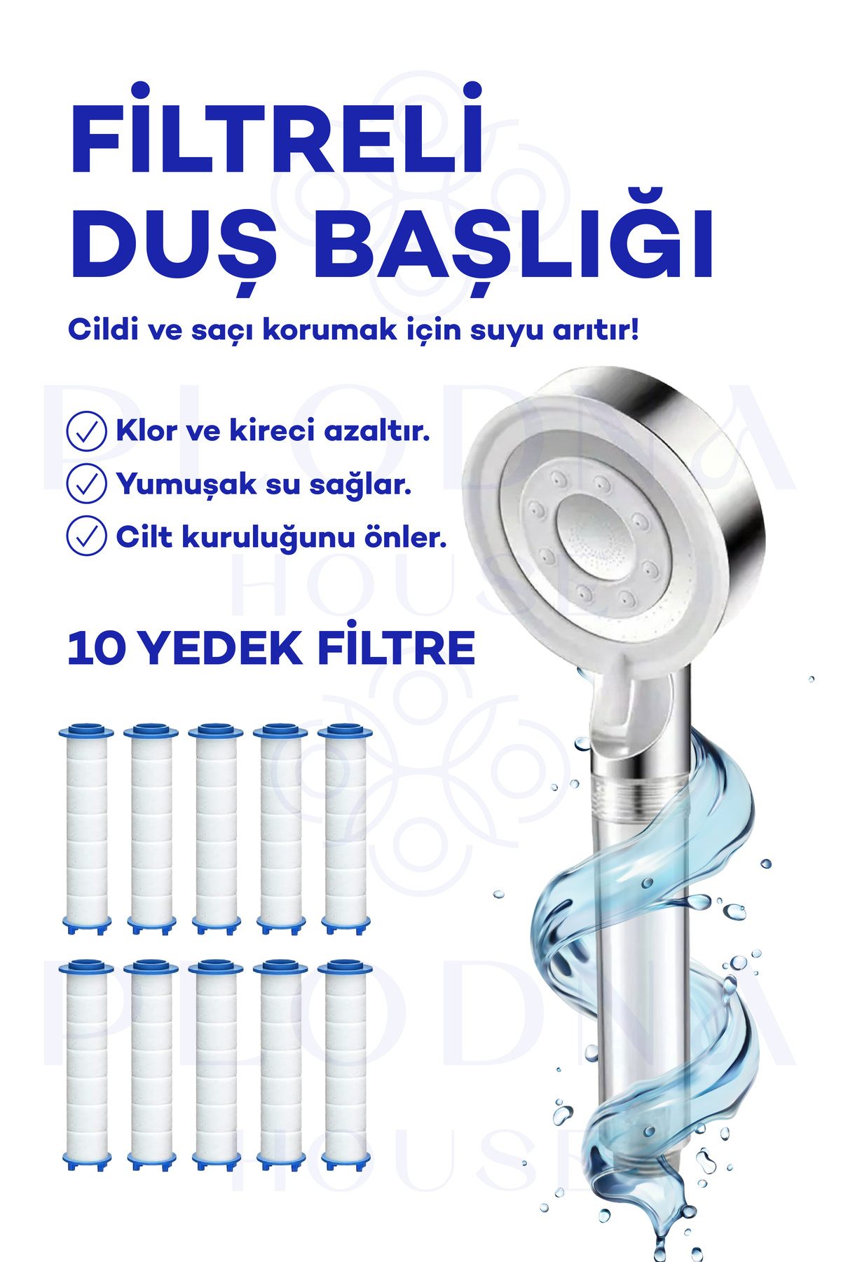 Plodna House Filtreli Duş Başlığı ve 10 Yedek Filtre | Su Arıtmalı, Klor ve Kireç Önleyici, Yüksek Basınçlı