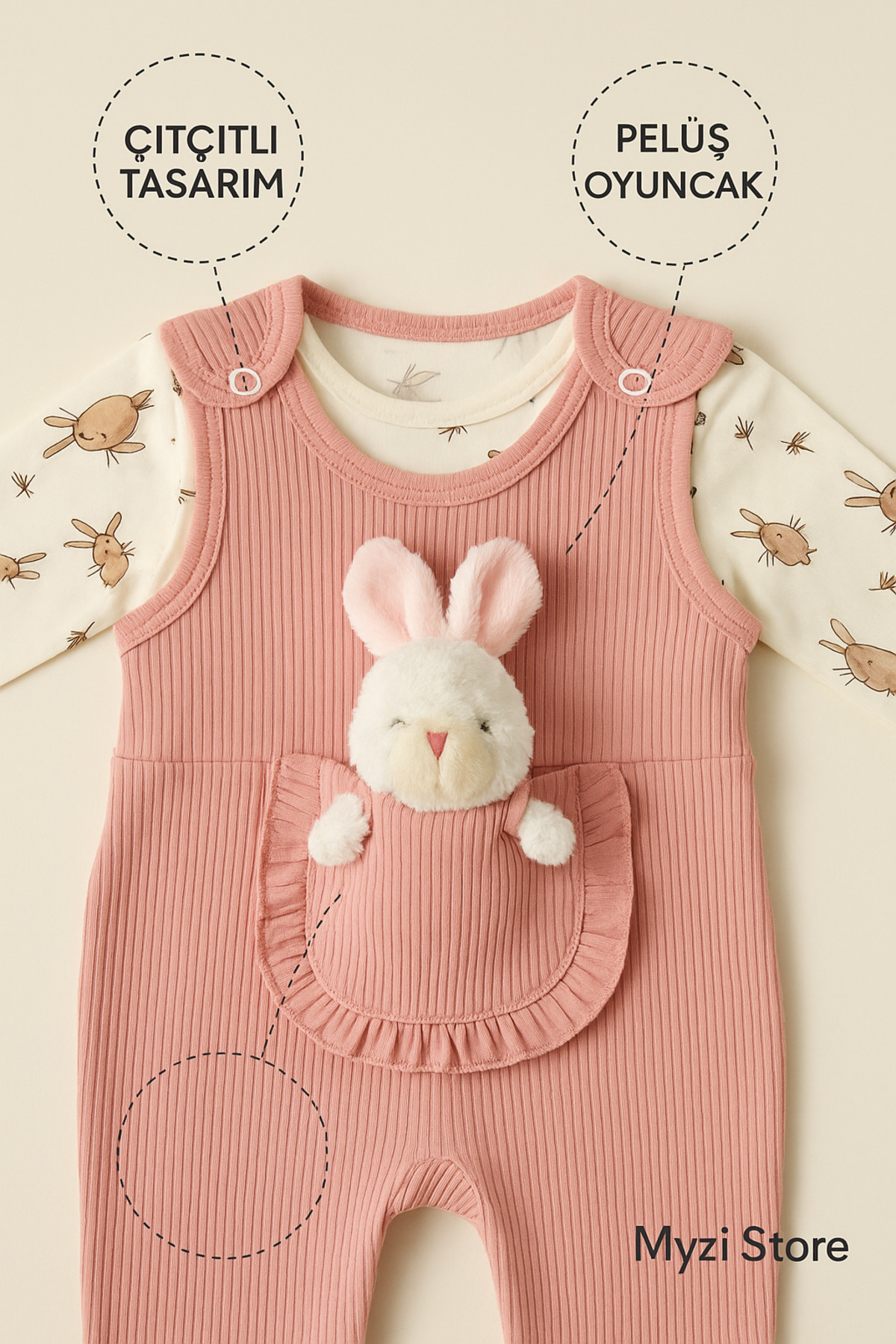 MYZİ STORE %100 Pamuk Cilt Dostu KIZ Bebek Tulum Seti – Ayıcık Cepli, İç Bodyli fotoğrafı 2 (önizleme)