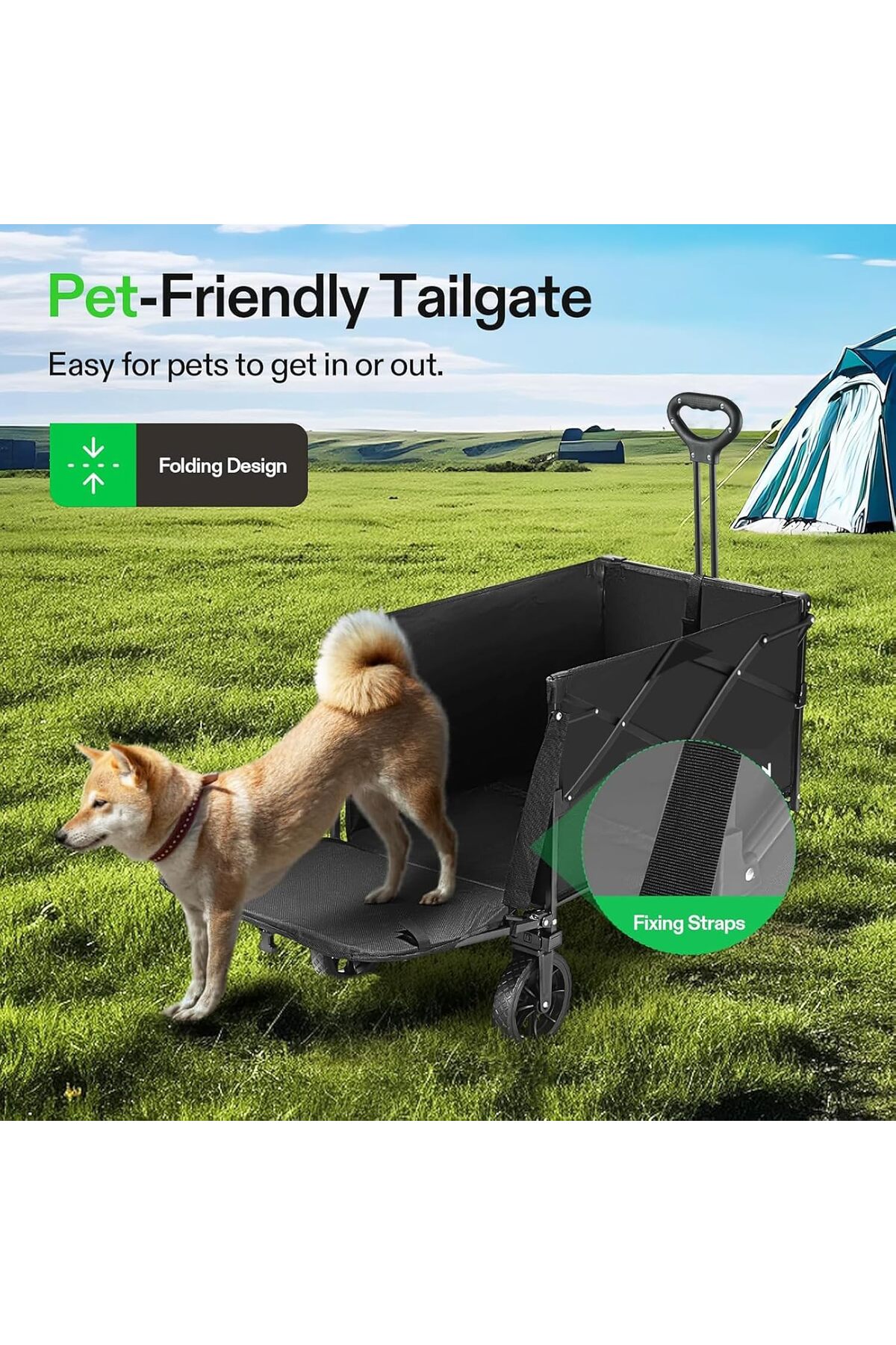 عربة تخييم خارجية قابلة للطي مزودة بفرامل وعجلات لجميع التضاريس ومقبض قابل للتعديل