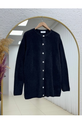 BENAHOLL Adora Kalp Düğmeli Sakallı Hırka-KR3198 Siyah