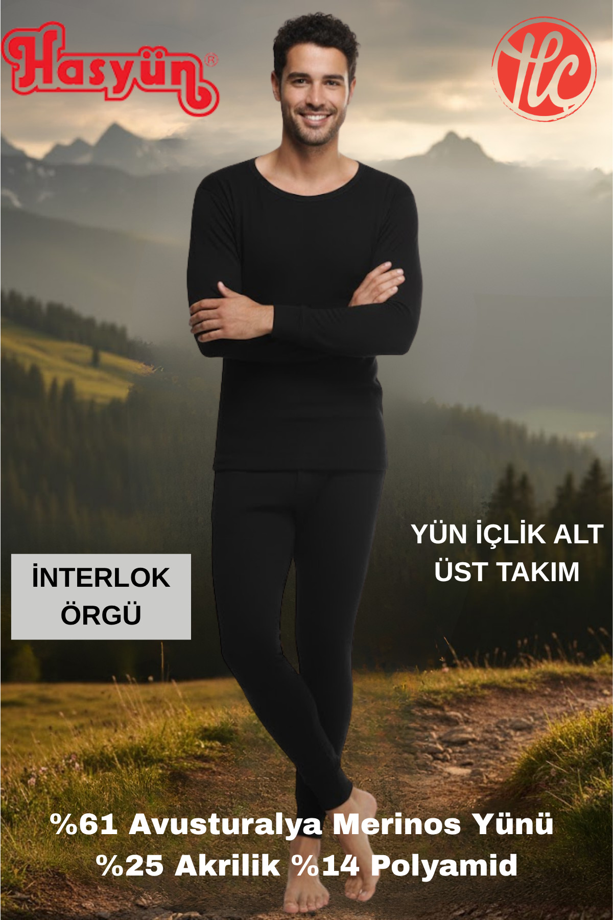 Genel Markalar Erkek Siyah %61 Yün Ter Emici Kaşındırmaz İçlik Uzun Kol Üst Alt Takım