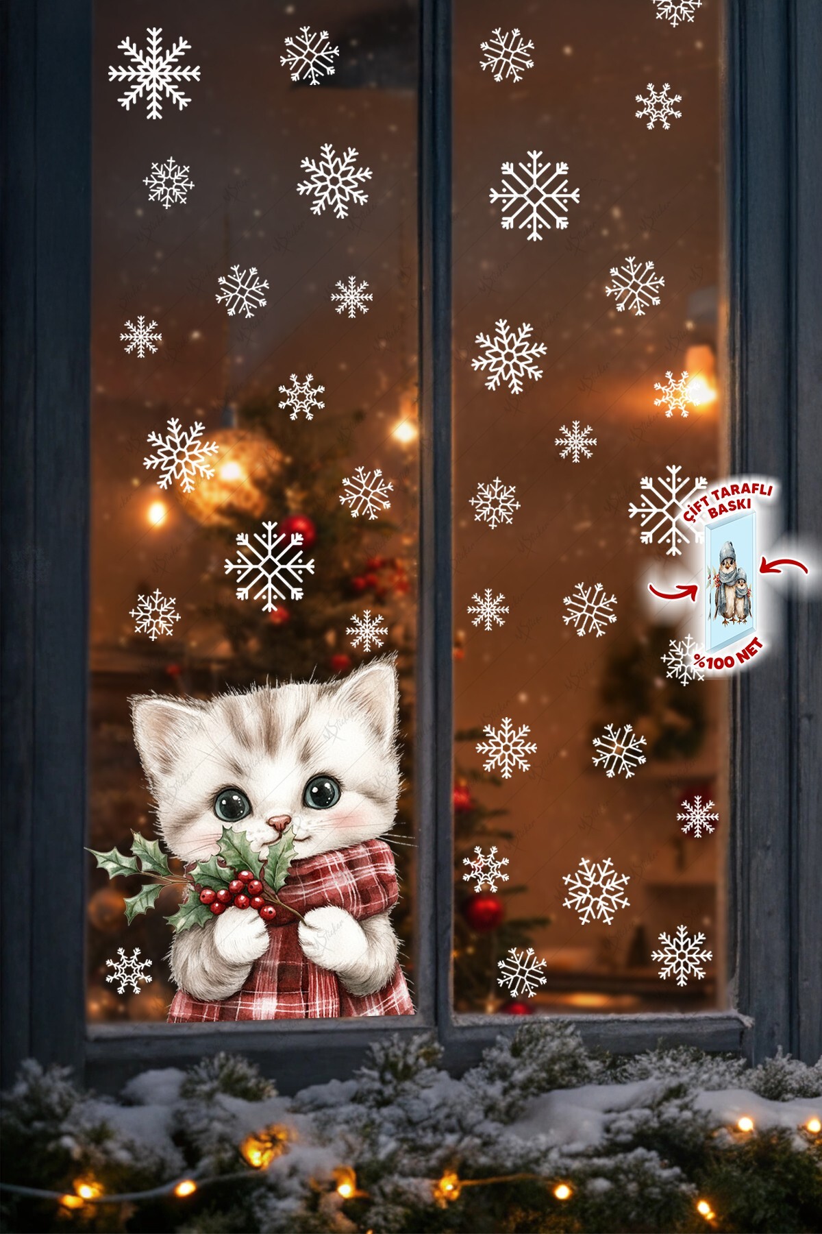 MSticker Şaşkın Kedi & Kar Taneleri Cam Süsü – Çift Taraflı Baskı %100 Net Görünüm - Yılbaşını Bekleyen Kedi fotoğrafı 5 (önizleme)