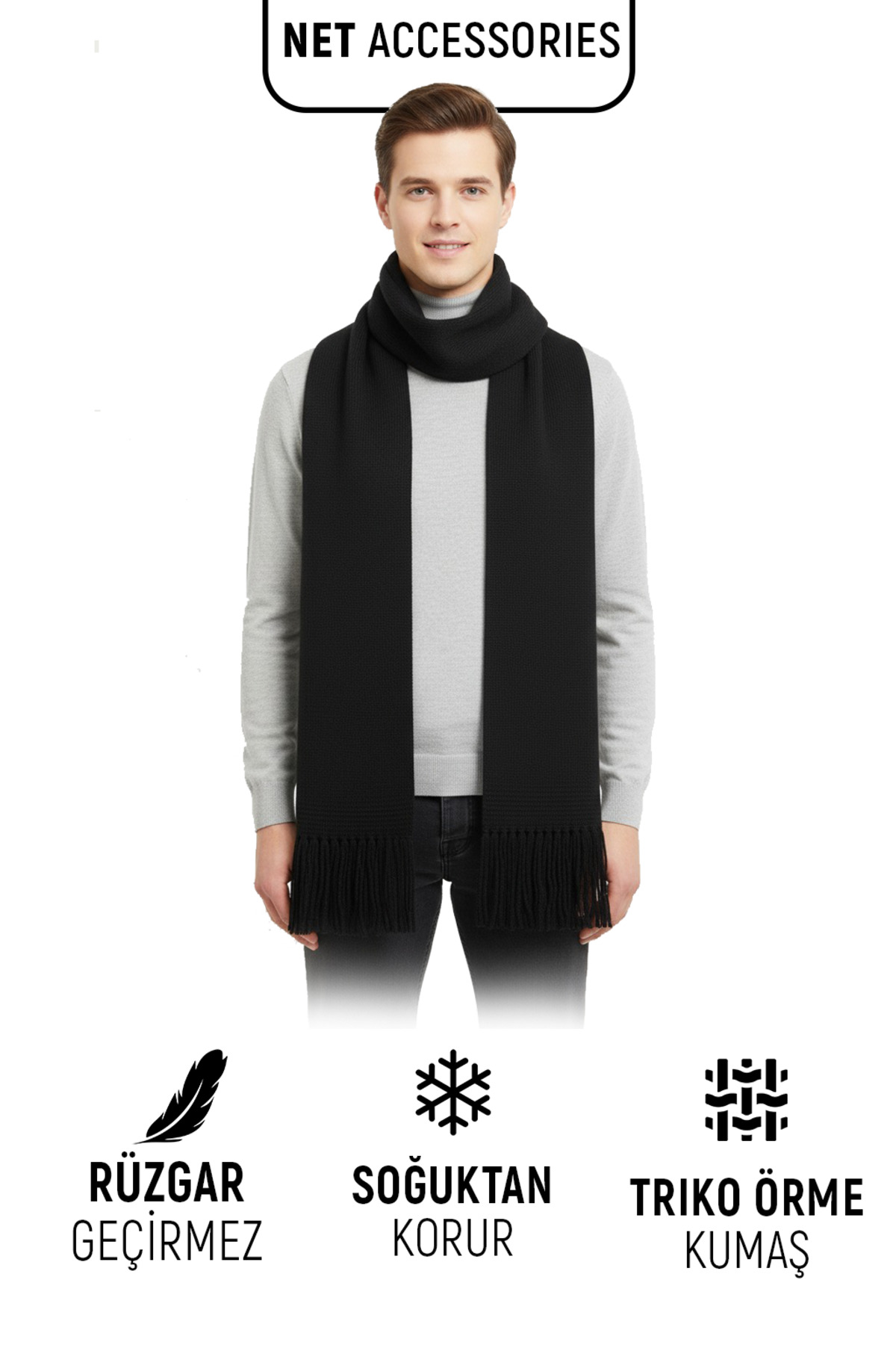 Net Tekstil Siyah Triko Örme Atkı Kaşkol Pamuklu Unisex görsel 2