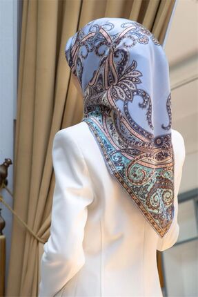 Vissona Mavi Etnik Desenli Tivil İpek Eşarp-60777-14-KVS0798