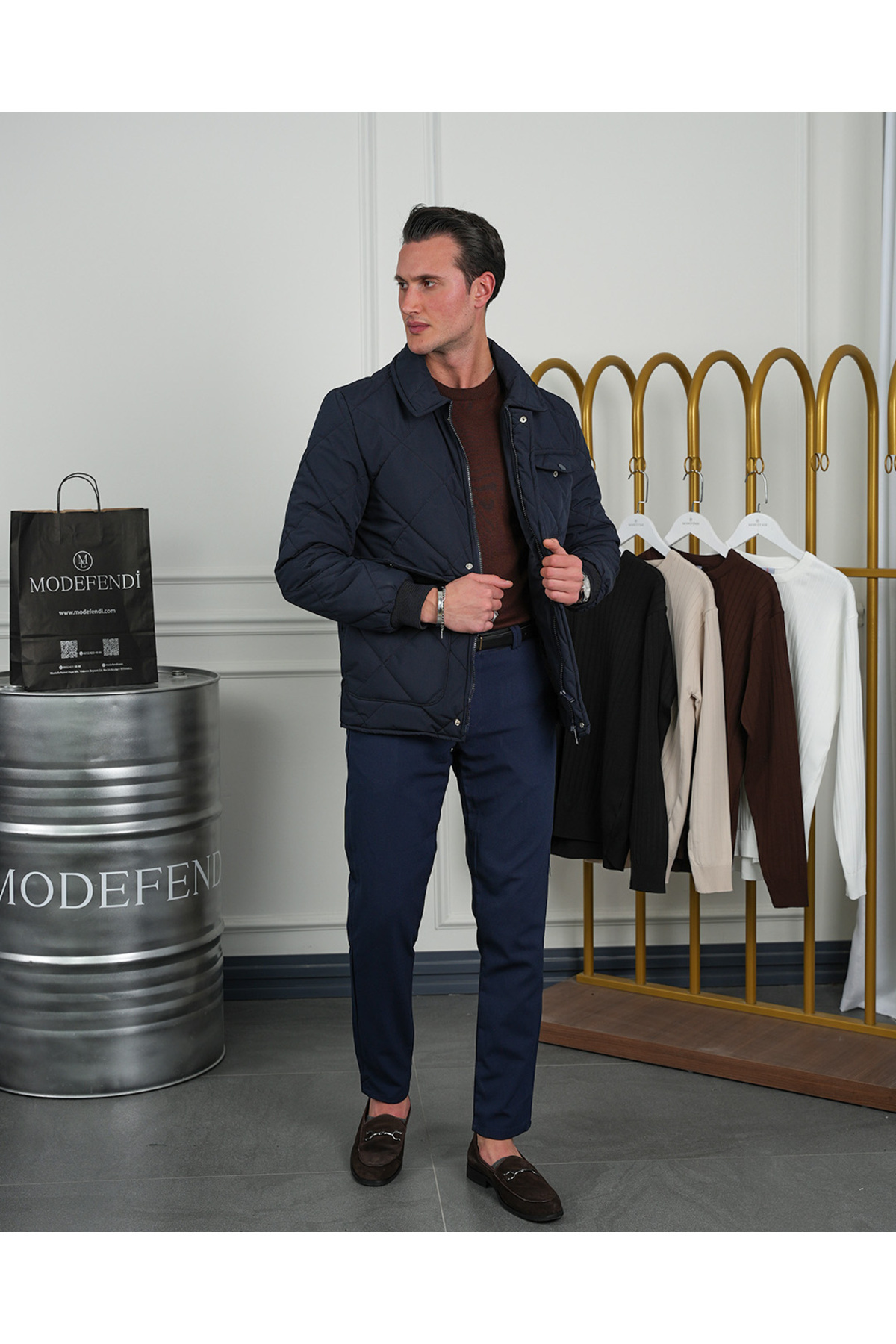 MODEFENDİ Erkek Lacivert Slim Fit Baklava Desen Torba Cep Dolum Elyaf Mont görsel 2