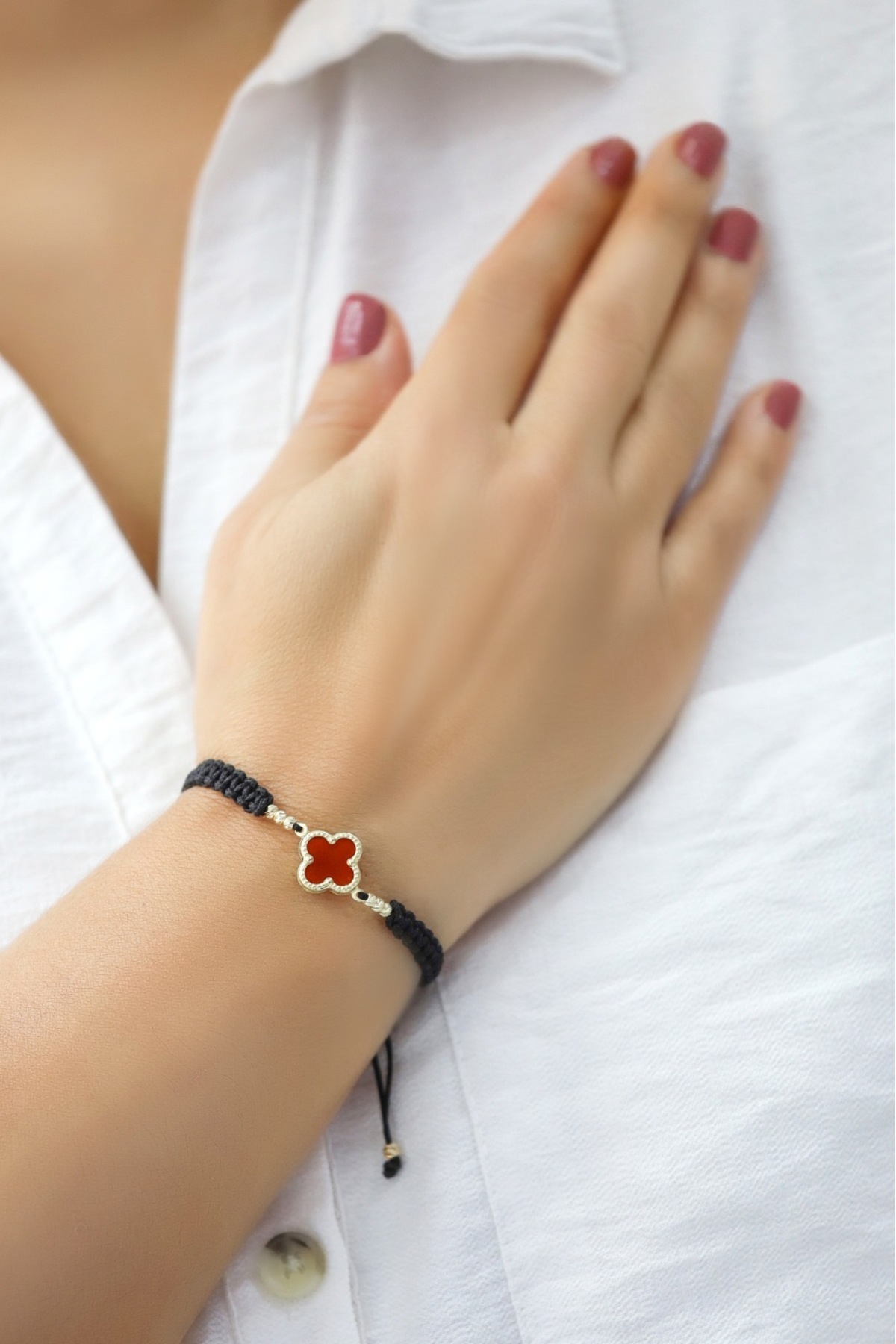 aytekgold 14 Ayar Akik Taşlı İpli Yonca Bileklik