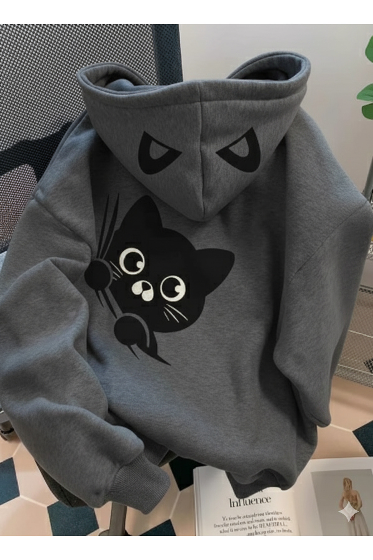KVİNS  Kadın/Unisex Funny Cat Duman Gri Hoodie