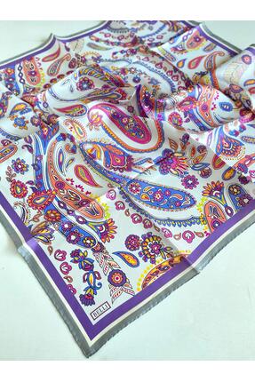 Belli Gri Lila Etnik Desen Tivil Saf İpek Eşarp-KVS0757
