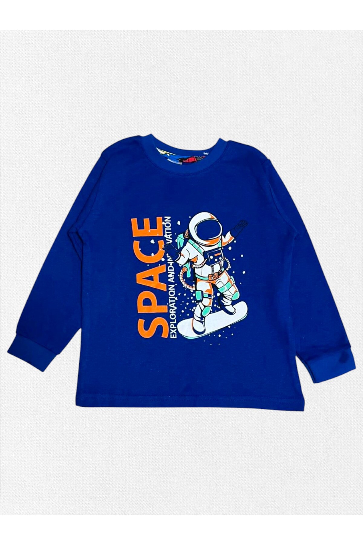 elmas kids Erkek Çocuk %100 Pamuklu Lacivert Astronot Uzay Kaykay Desenli Uzun Kollu Kışlık Pijama Takımı fotoğrafı 4 (önizleme)