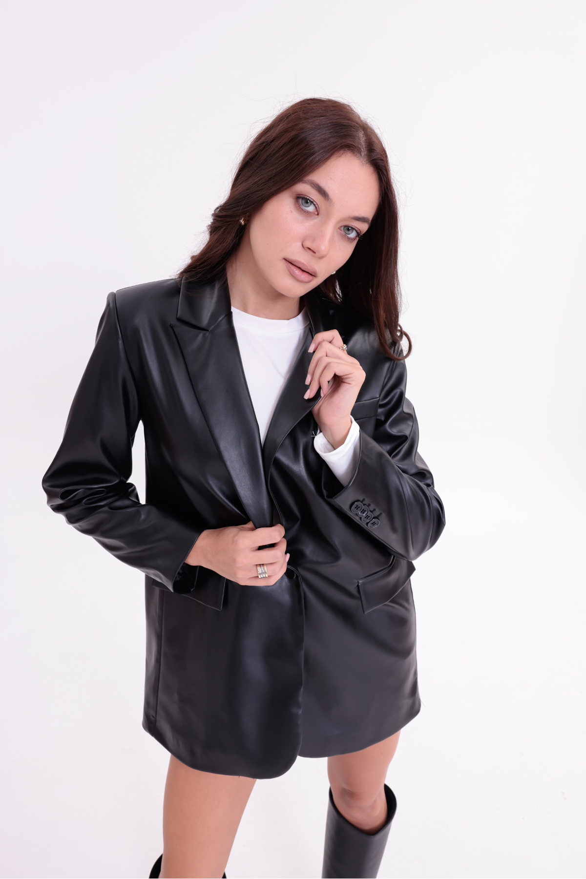 happinice  Deri Oversize Blazer Ceket - Görsel 4