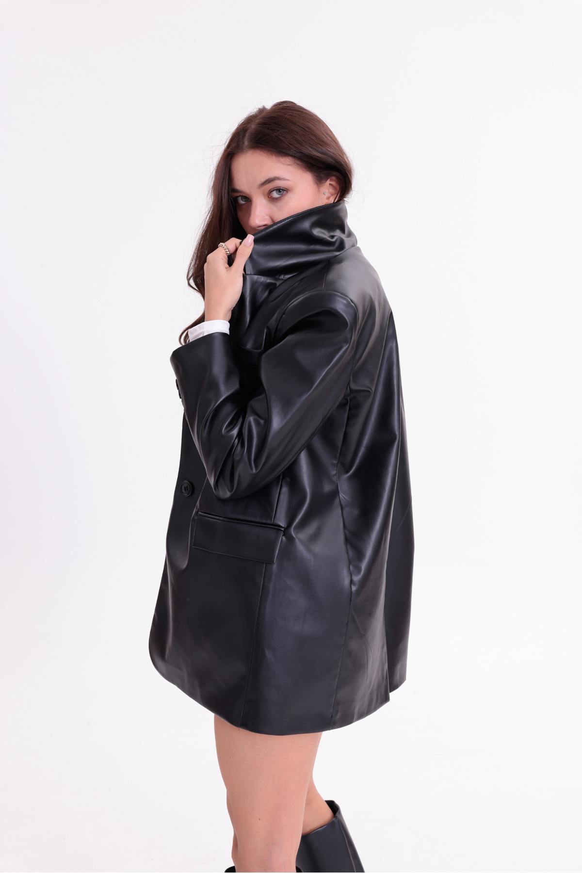 happinice  Deri Oversize Blazer Ceket - Görsel 5